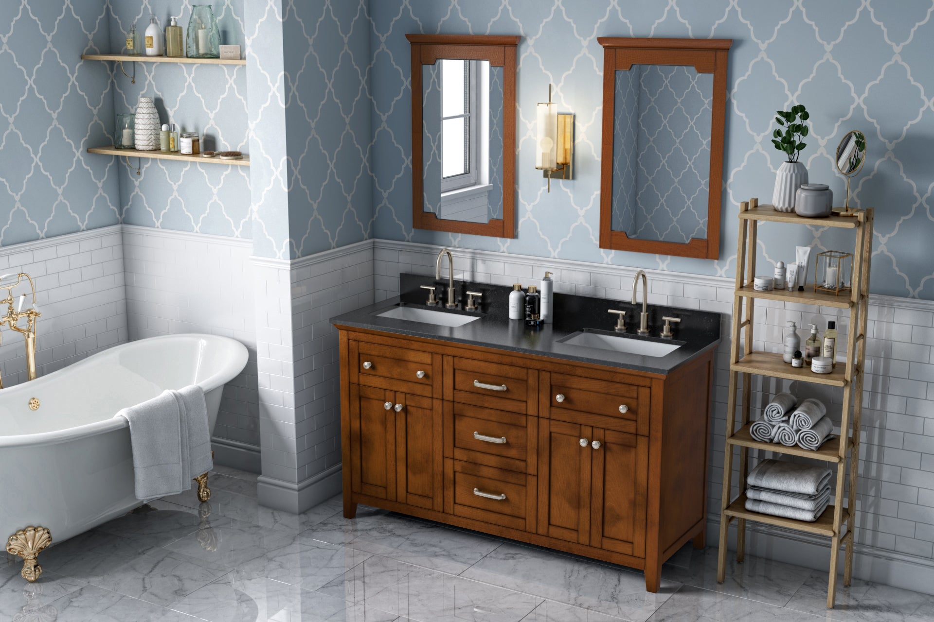60" Chocolate Chatham Vanity, double bowl, Black Granite Vanity Top, two undermount rectangle bowls