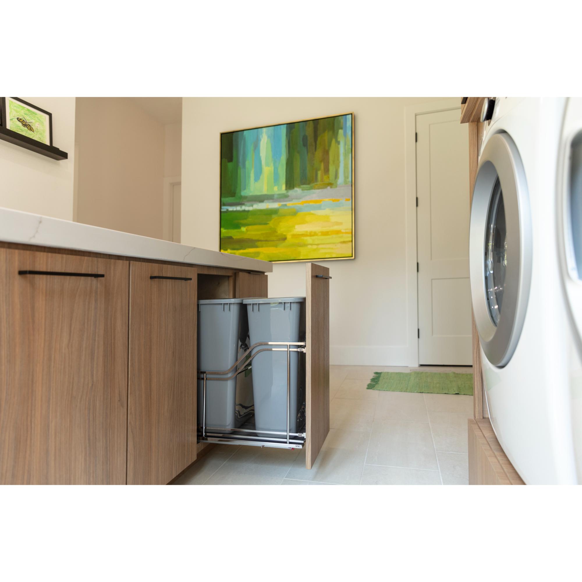 Double 50 Quart Polished Chrome STORAGE WITH STYLE® Metal Soft-close Trashcan Pullout | KitchBath