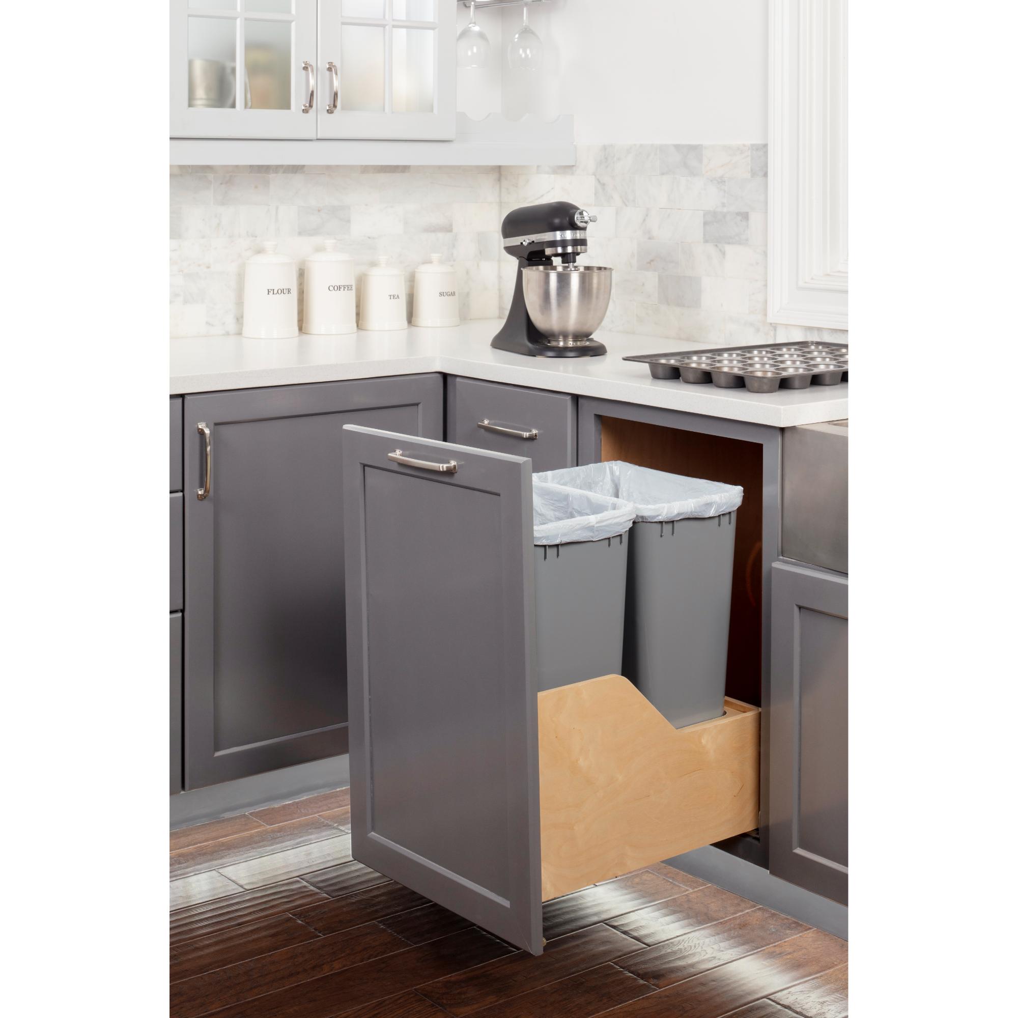 Double 50 Quart Wood Bottom-Mount Soft-close Trashcan Rollout for Door Mounting, Includes Two Grey Cans | KitchBath
