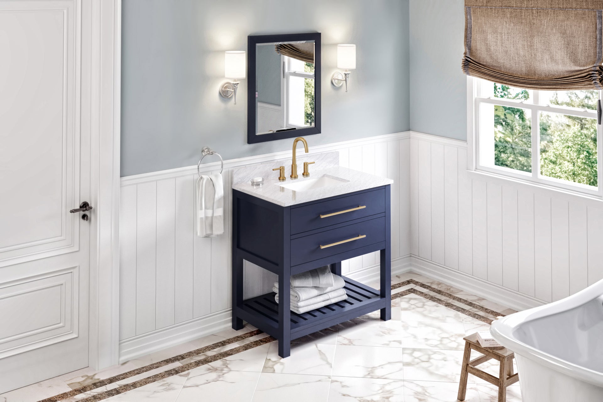 36" Hale Blue Wavecrest Vanity, White Carrara Marble Vanity Top, undermount rectangle bowl