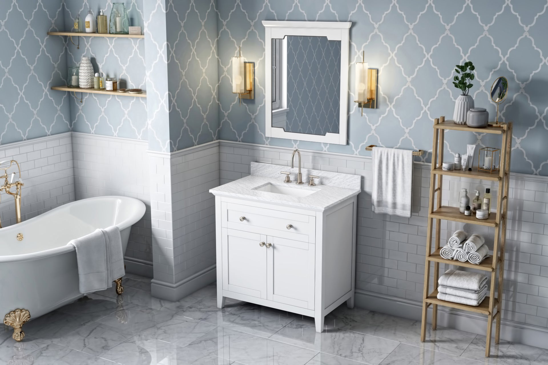 36" White Chatham Vanity, White Carrara Marble Vanity Top, undermount rectangle bowl