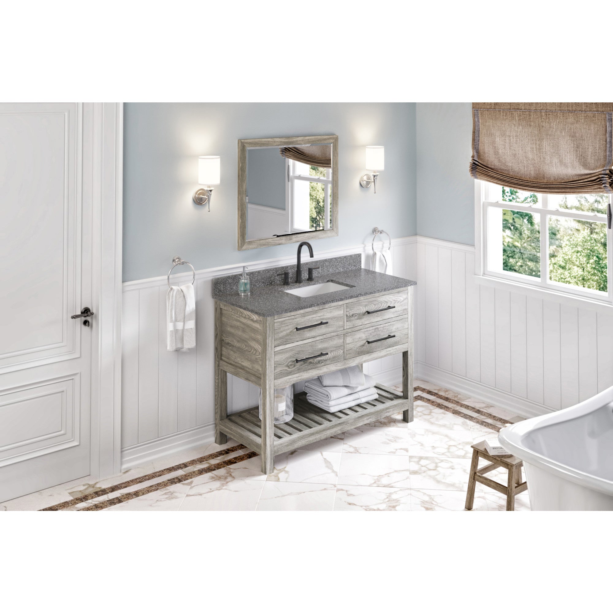 48" Weathered Grey Wavecrest Vanity, Boulder Cultured Marble Vanity Top, undermount rectangle bowl | KitchBath
