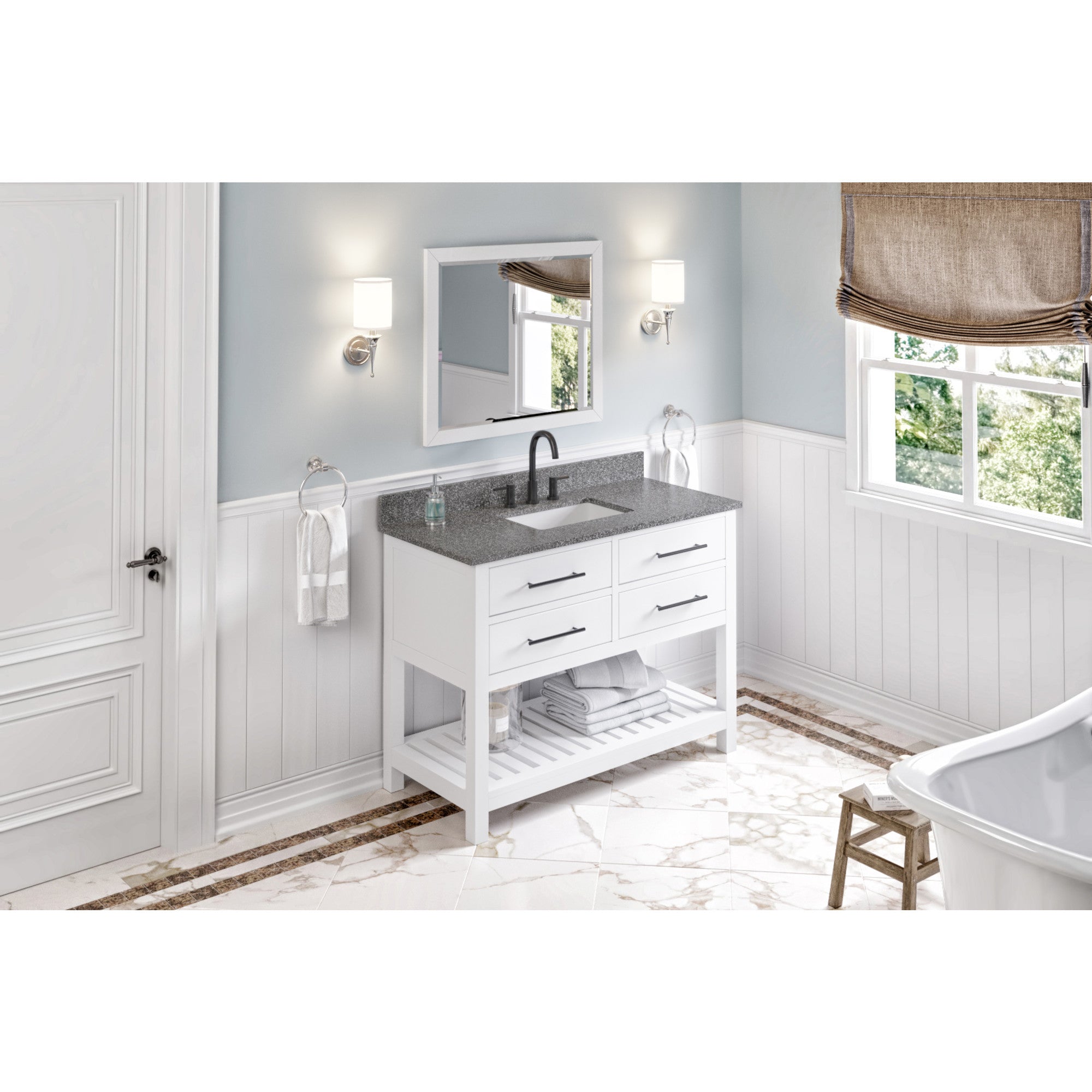 48" White Wavecrest Vanity, Boulder Cultured Marble Vanity Top, undermount rectangle bowl | KitchBath