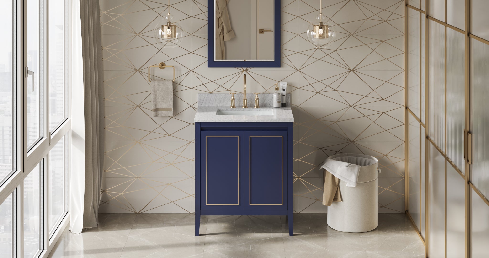30" Hale Blue Percival Vanity, White Carrara Marble Vanity Top, undermount rectangle bowl | KitchBath