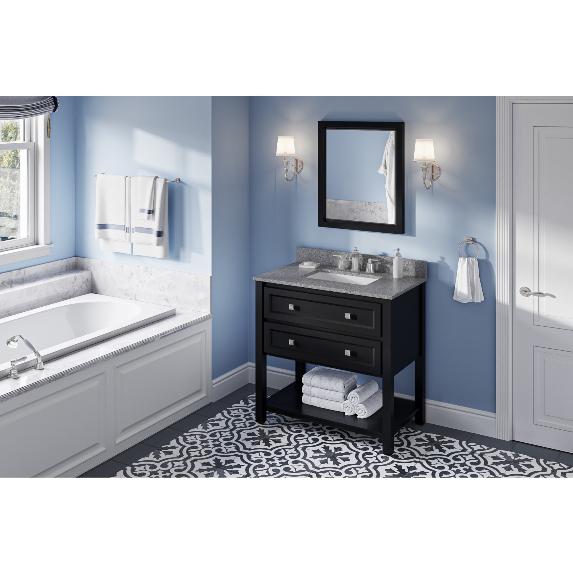 36" Black Adler Vanity, Boulder Cultured Marble Vanity Top, undermount rectangle bowl | KitchBath