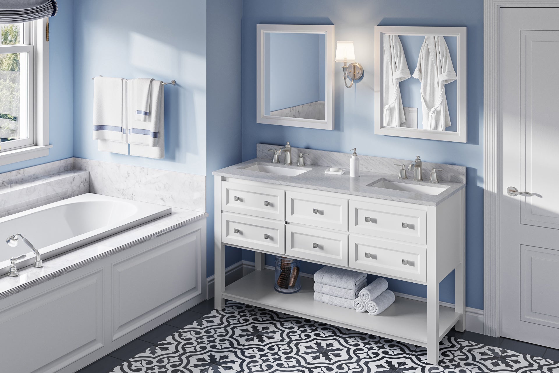 60" White Adler Vanity, double bowl, White Carrara Marble Vanity Top, two undermount rectangle bowls