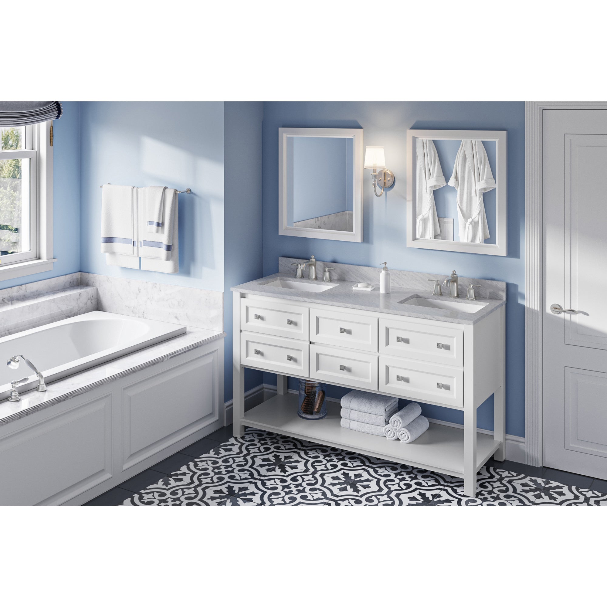 60" White Adler Vanity, double bowl, White Carrara Marble Vanity Top, two undermount rectangle bowls | KitchBath