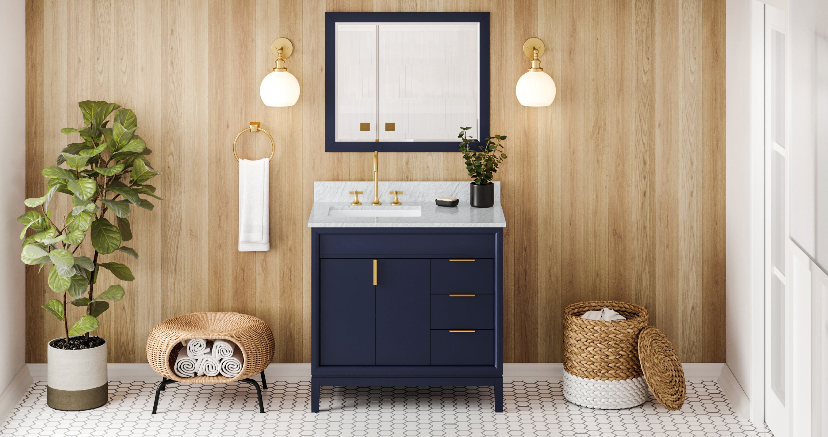 36" Hale Blue Theodora Vanity, left offset, White Carrara Marble Vanity Top, undermount rectangle bowl | KitchBath