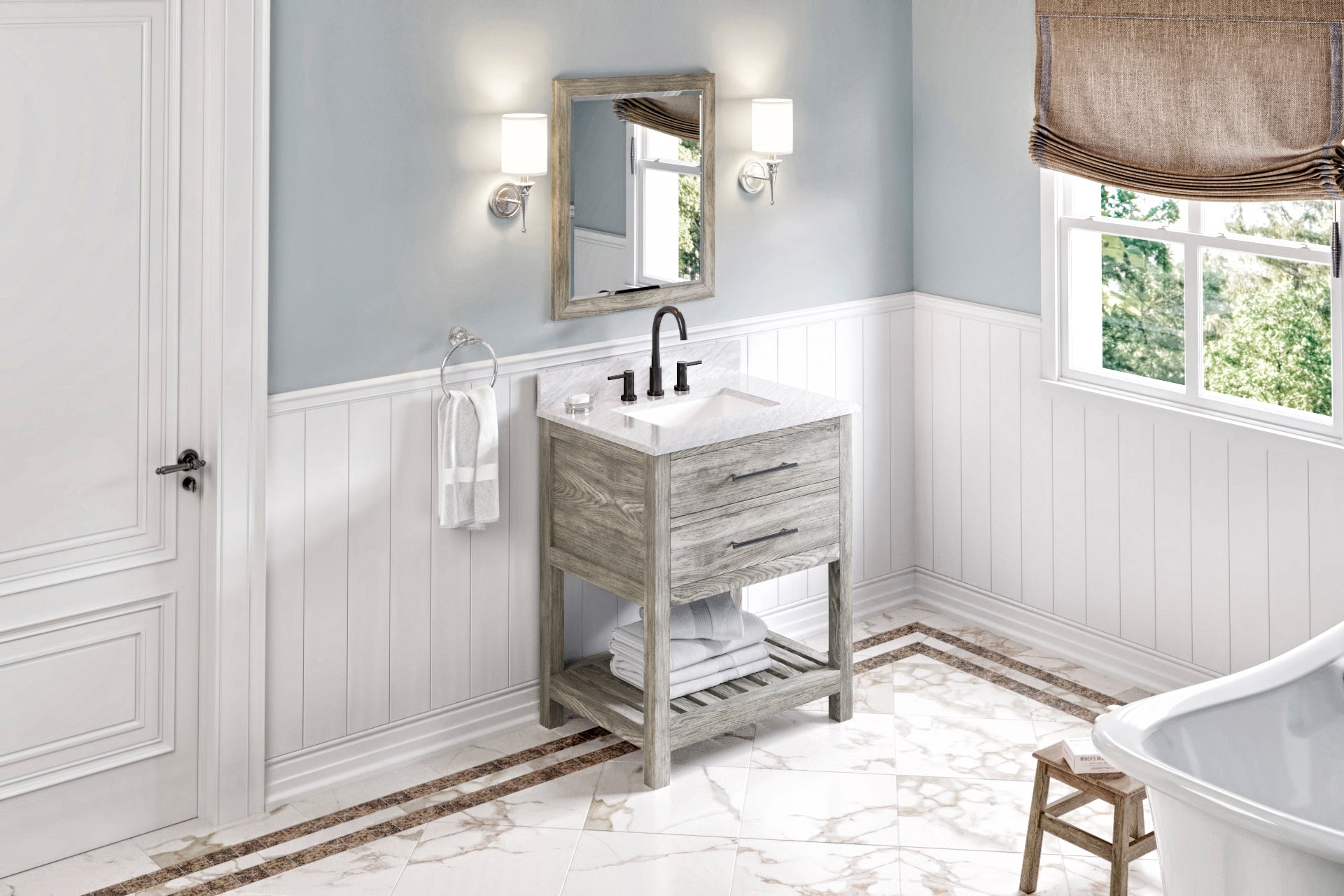 30" Weathered Grey Wavecrest Vanity, White Carrara Marble Vanity Top, undermount rectangle bowl | KitchBath