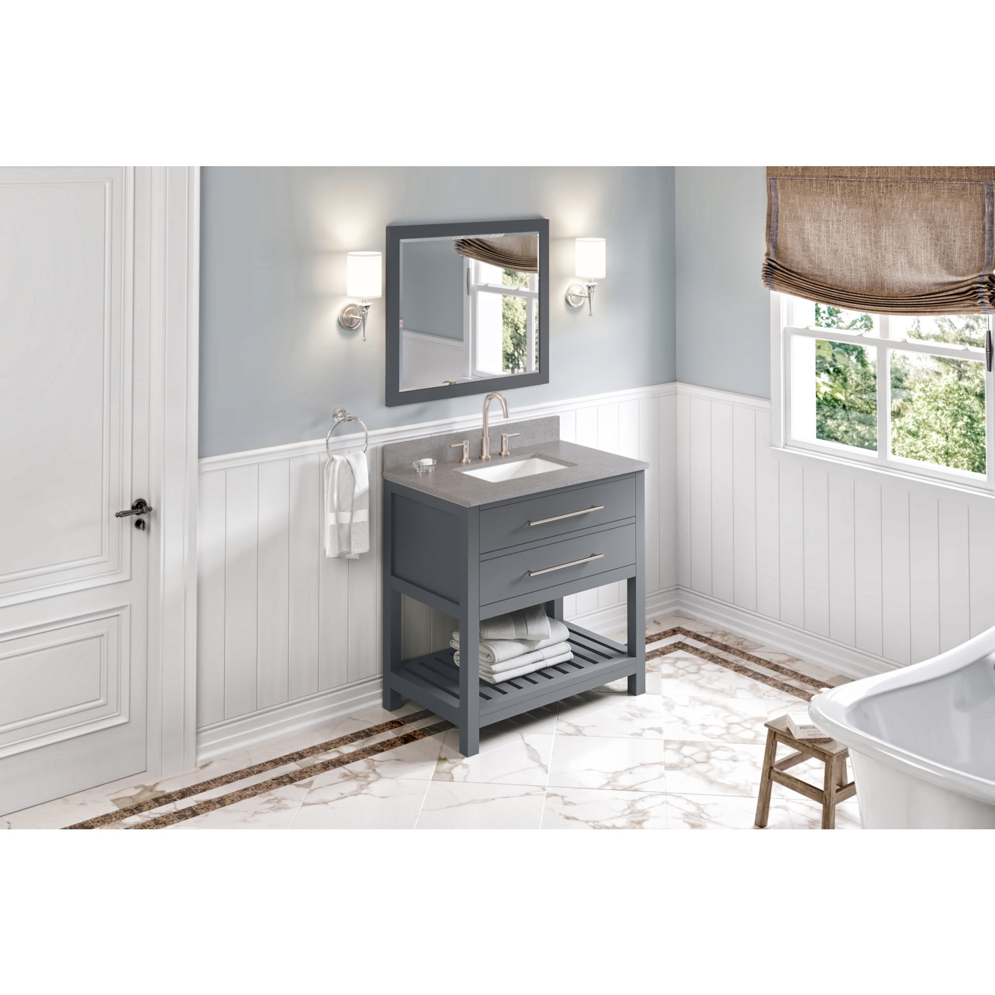 36" Grey Wavecrest Vanity, Steel Grey Cultured Marble Vanity Top, undermount rectangle bowl | KitchBath