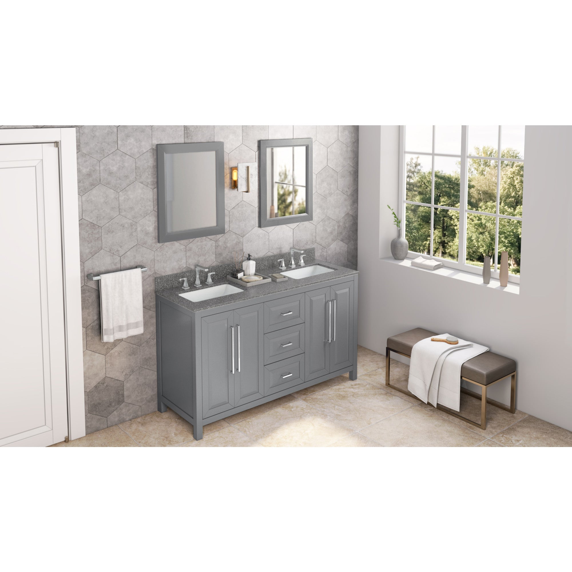 60" Grey Cade Vanity, double bowl, Boulder Cultured Marble Vanity Top, undermount rectangle bowl | KitchBath