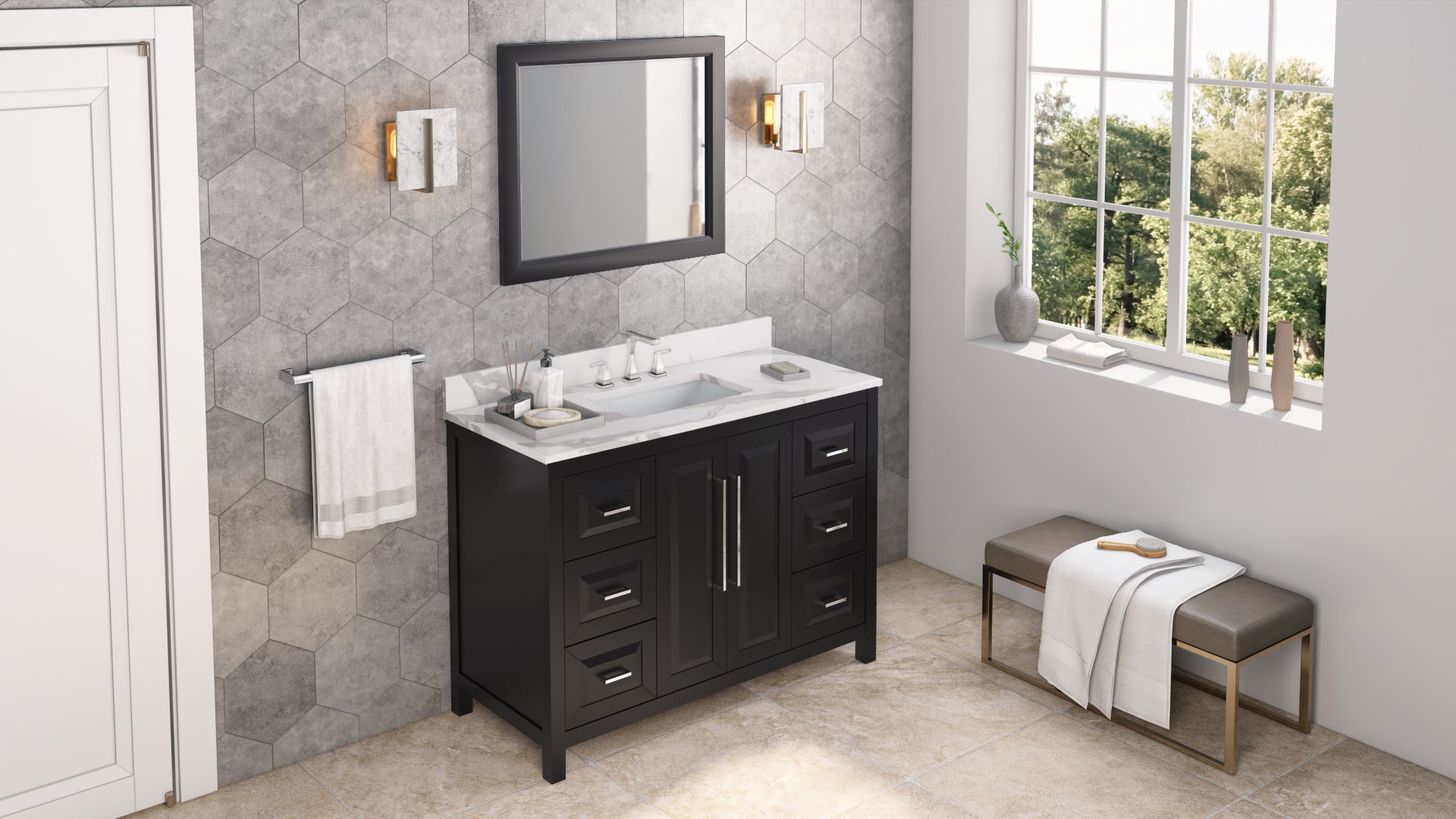 48" Black Cade Vanity, Calacatta Vienna Quartz Vanity Top, undermount rectangle bowl