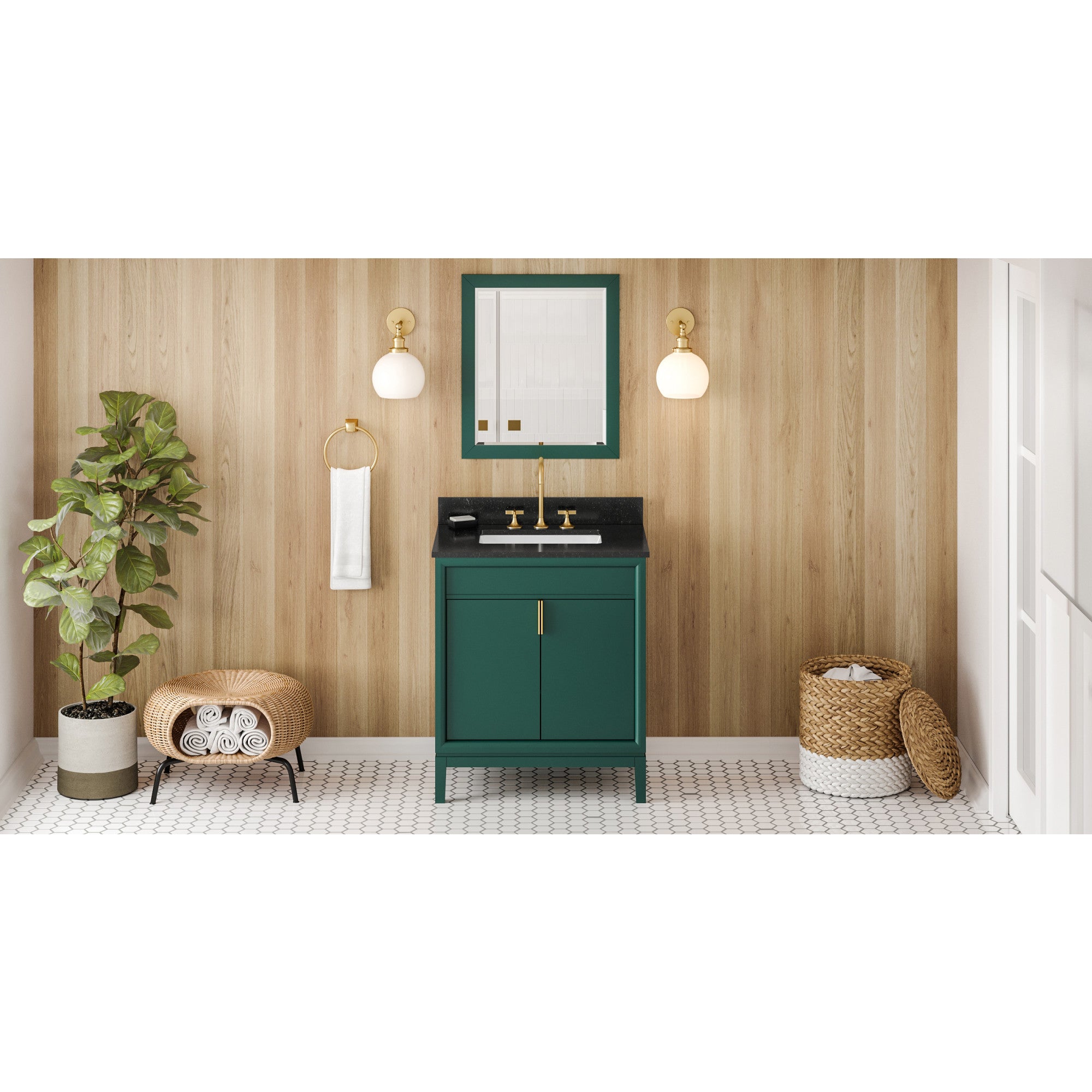 30" Forest Green Theodora Vanity, Black Granite Vanity Top, undermount rectangle bowl | KitchBath