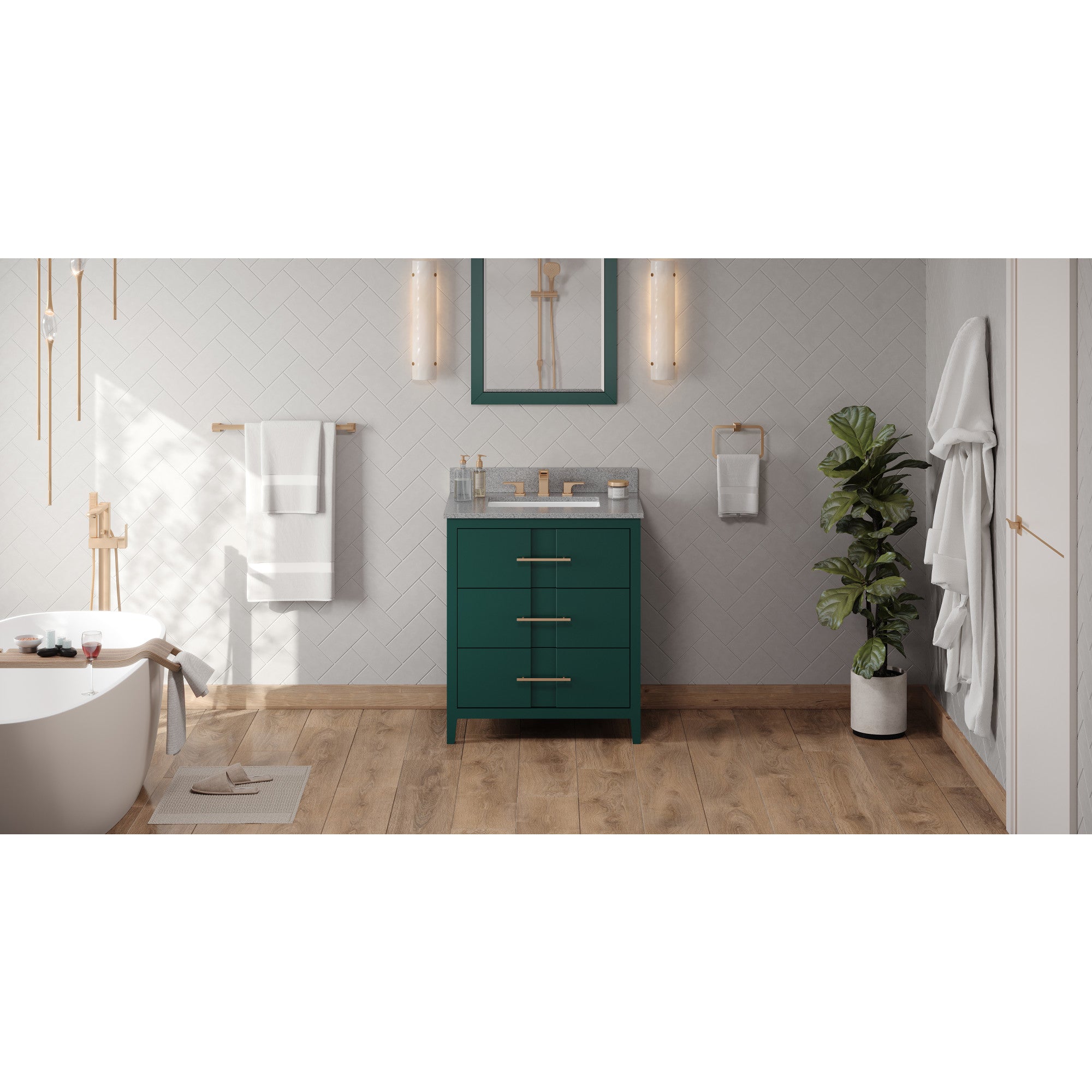 30" Forest Green Katara Vanity, Steel Grey Cultured Marble Vanity Top, undermount rectangle bowl | KitchBath