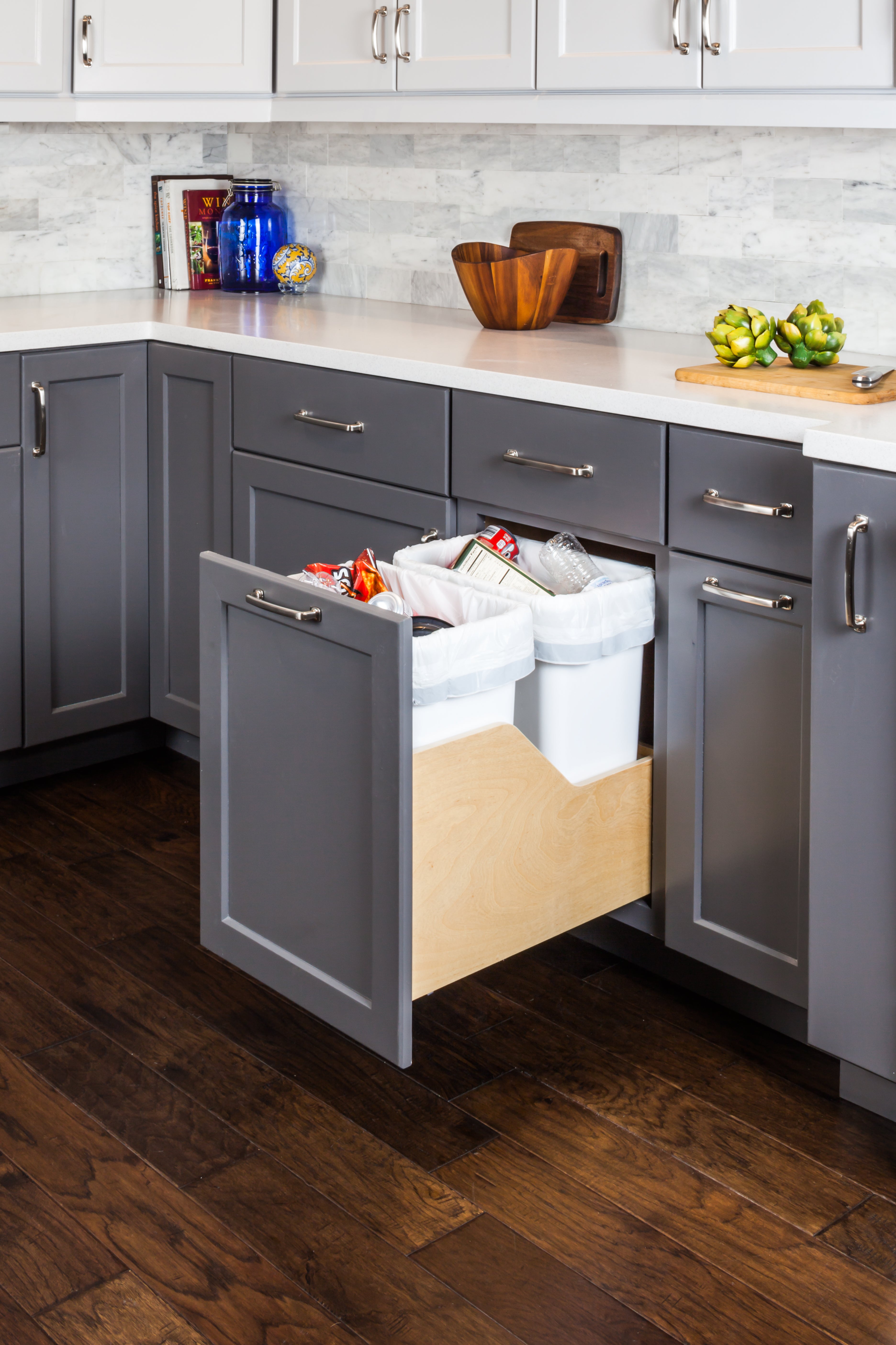 Double 35 Quart Wood Bottom-Mount Soft-close Trashcan Rollout for Door Mounting, Includes Two White Cans | KitchBath