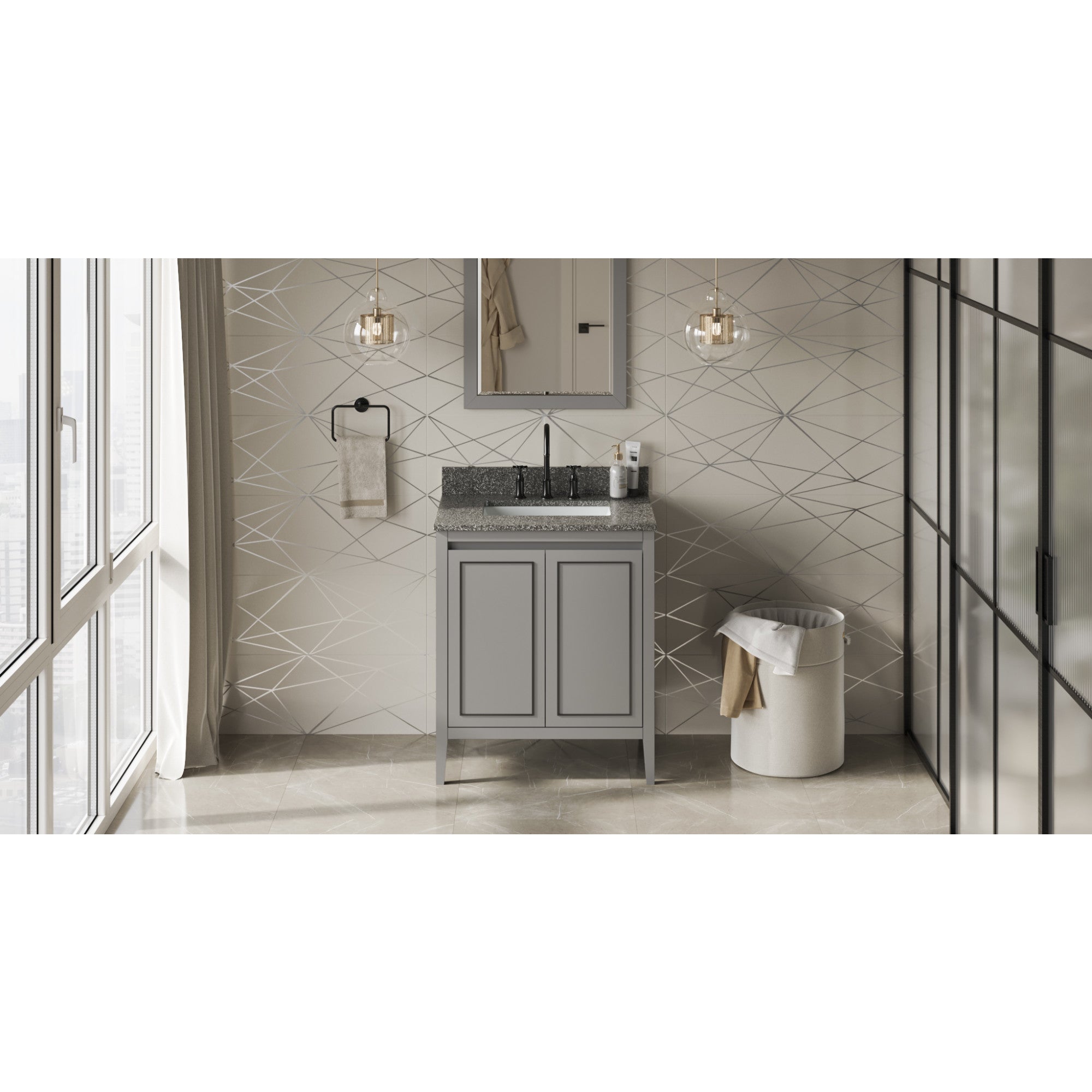 30" Grey Percival Vanity, Boulder Cultured Marble Vanity Top, undermount rectangle bowl | KitchBath