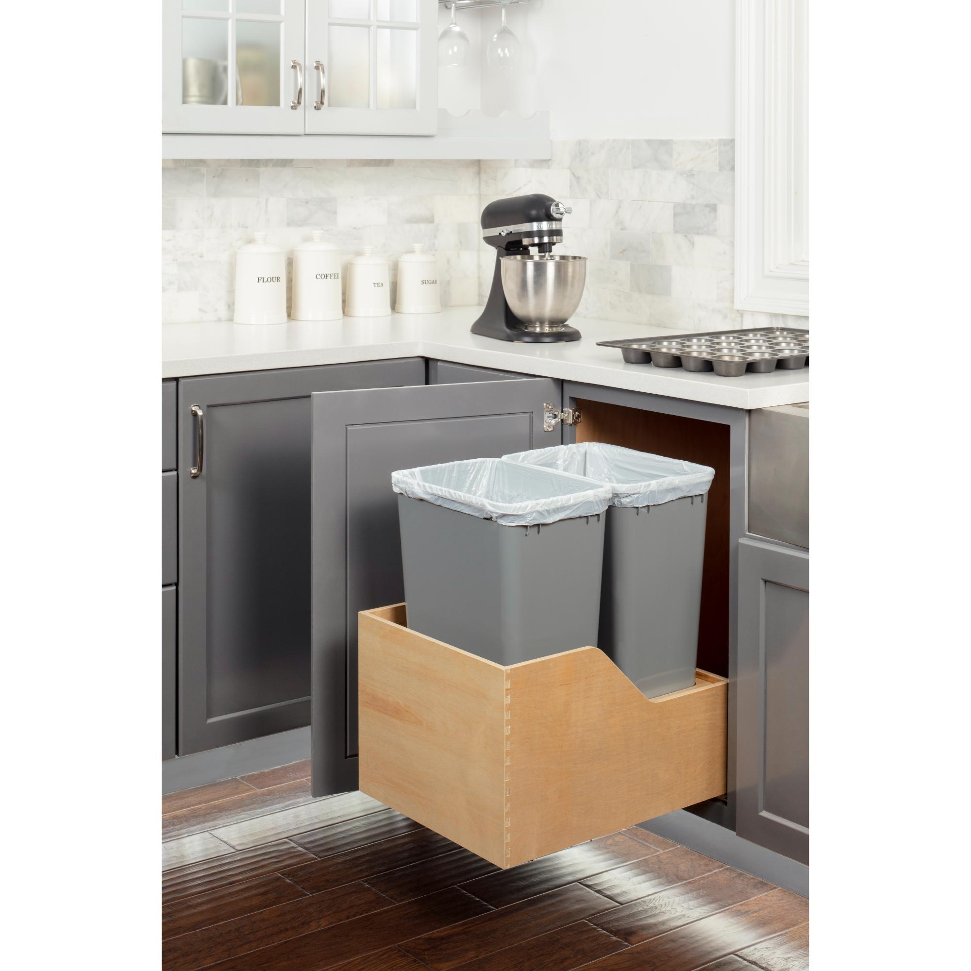 Double 50 Quart Wood Bottom-Mount Soft-close Trashcan Rollout for Hinged Doors, Includes Two Grey Cans | KitchBath
