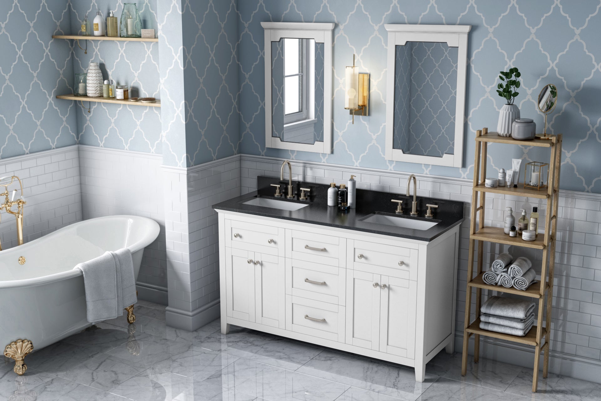 60" White Chatham Vanity, double bowl, Black Granite Vanity Top, two undermount rectangle bowls