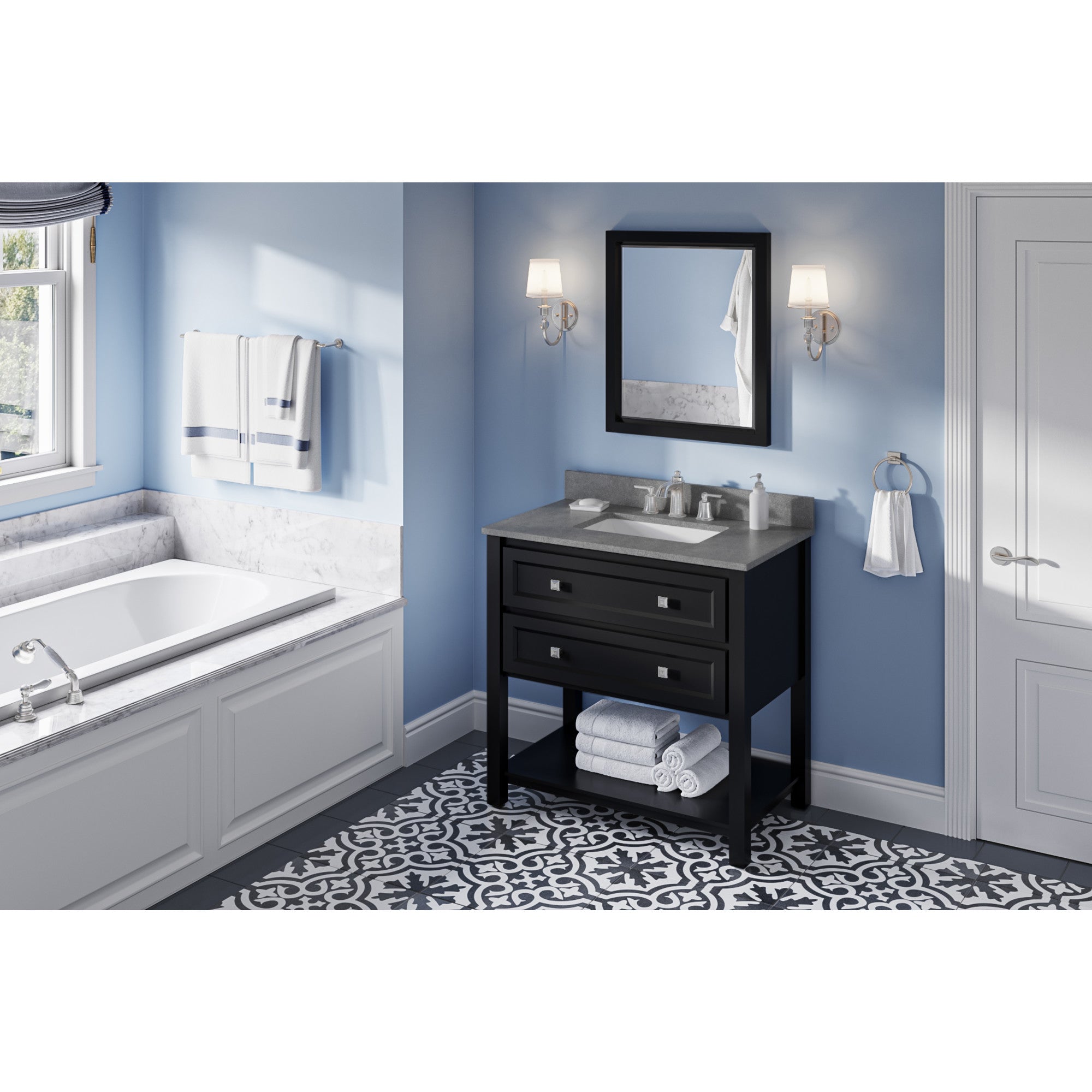 36" Black Adler Vanity, Steel Grey Cultured Marble Vanity Top, undermount rectangle bowl | KitchBath