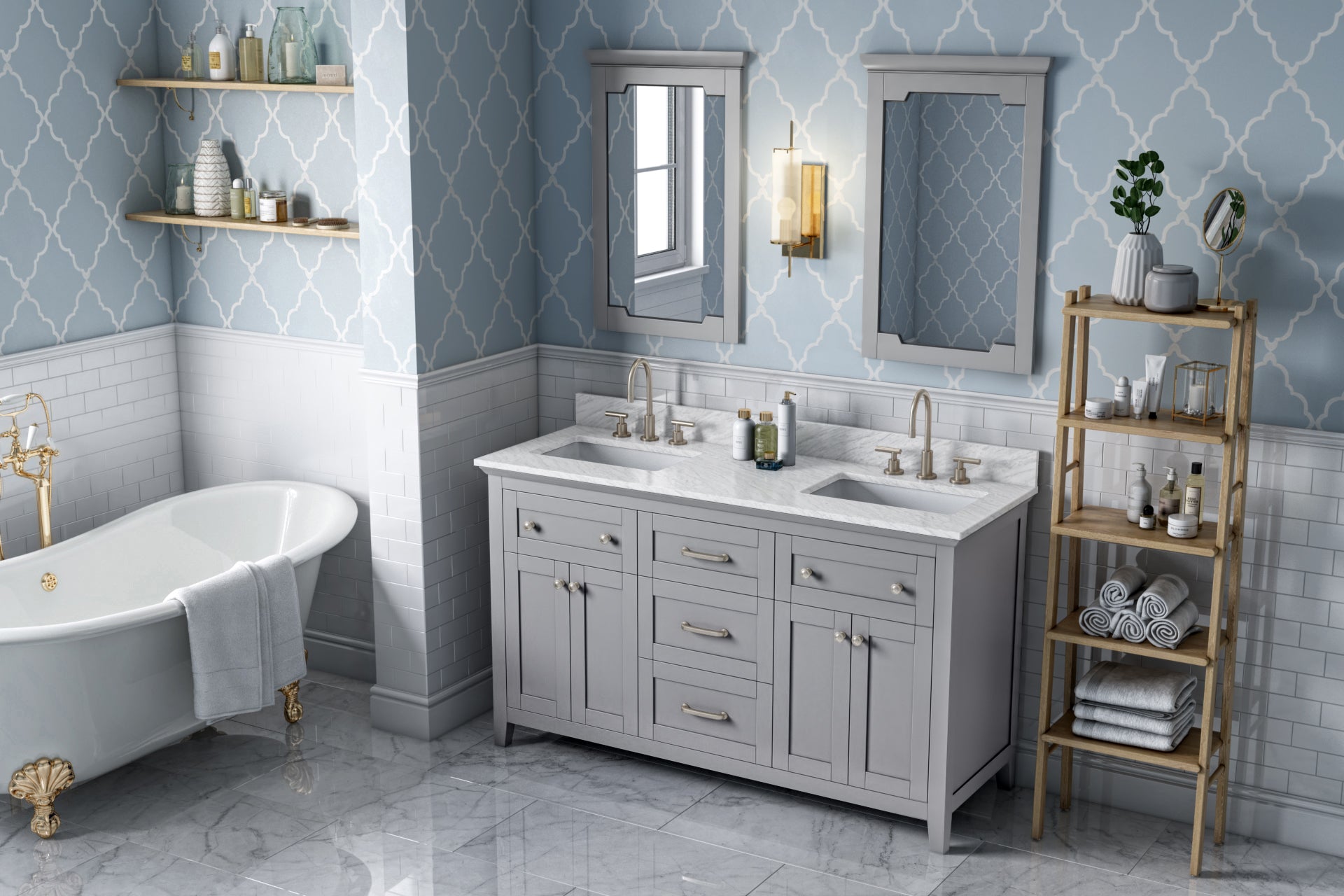 60" Grey Chatham Vanity, double bowl, White Carrara Marble Vanity Top, two undermount rectangle bowls | KitchBath