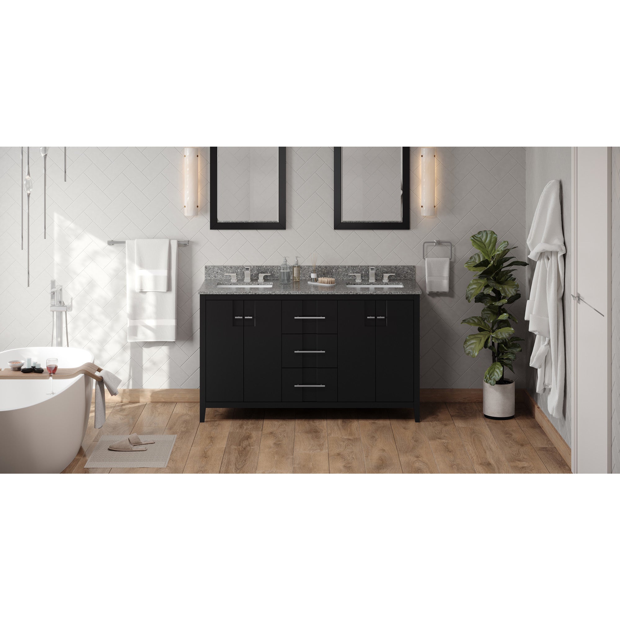 60" Black Katara Vanity, double bowl, Boulder Cultured Marble Vanity Top, two undermount rectangle bowls | KitchBath