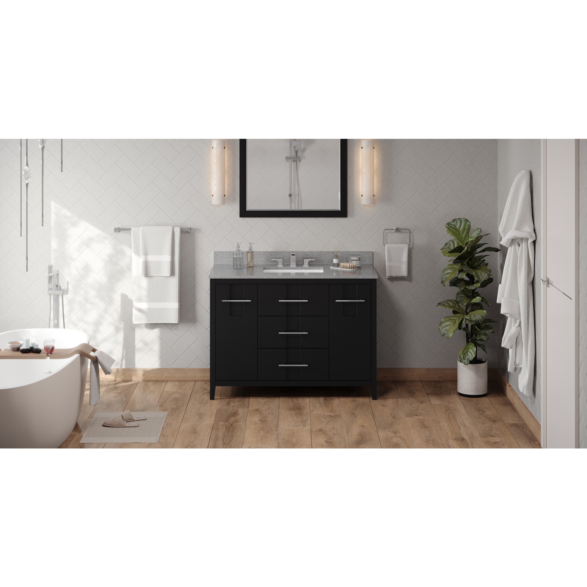 48" Black Katara Vanity, Steel Grey Cultured Marble Vanity Top, undermount rectangle bowl | KitchBath