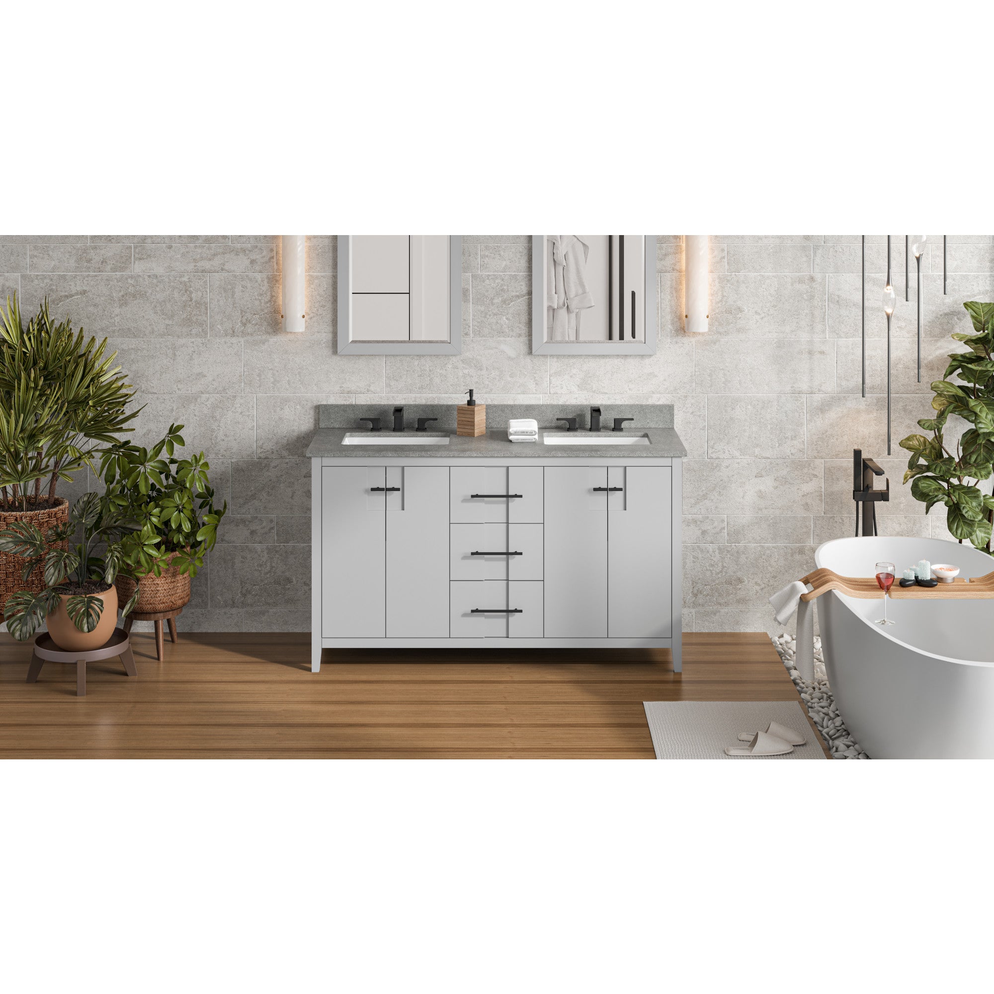 60" Grey Katara Vanity, double bowl, Steel Grey Cultured Marble Vanity Top, two undermount rectangle bowls | KitchBath