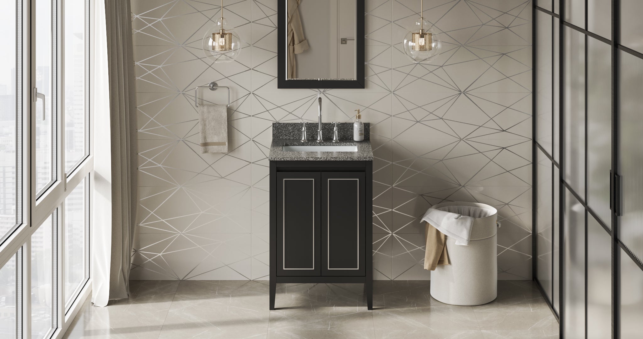 24" Black Percival Vanity, Boulder Cultured Marble Vanity Top, undermount rectangle bowl | KitchBath