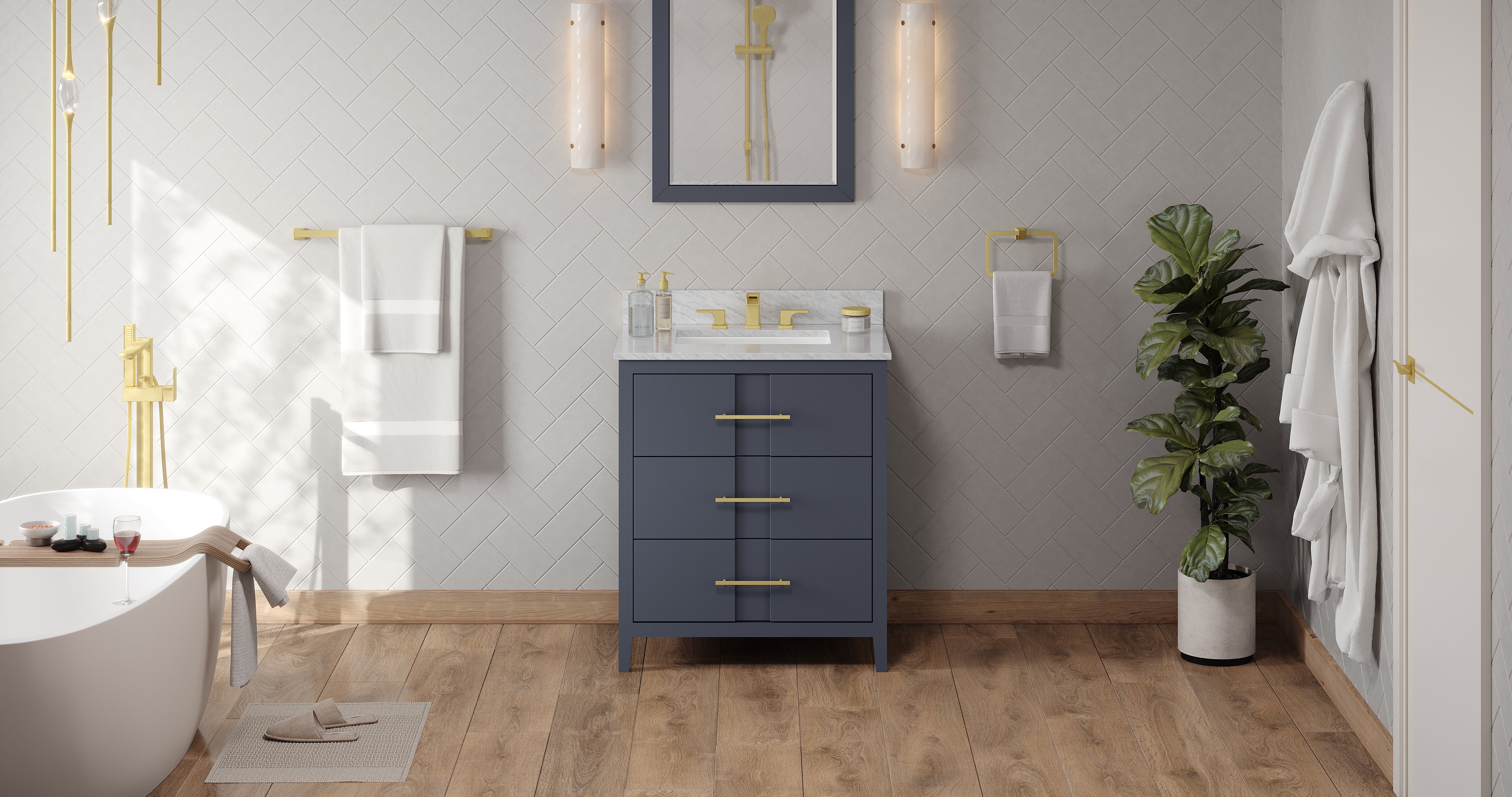 30" Blue Steel Katara Vanity, White Carrara Marble Vanity Top, undermount rectangle bowl | KitchBath