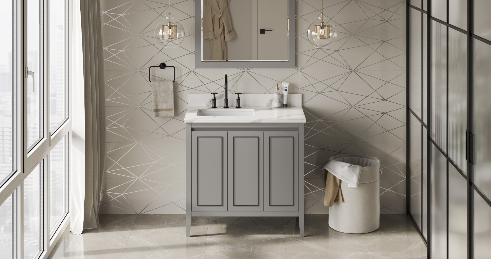 36" Grey Percival Vanity, left offset, Calacatta Vienna Quartz Vanity Top, undermount rectangle bowl | KitchBath