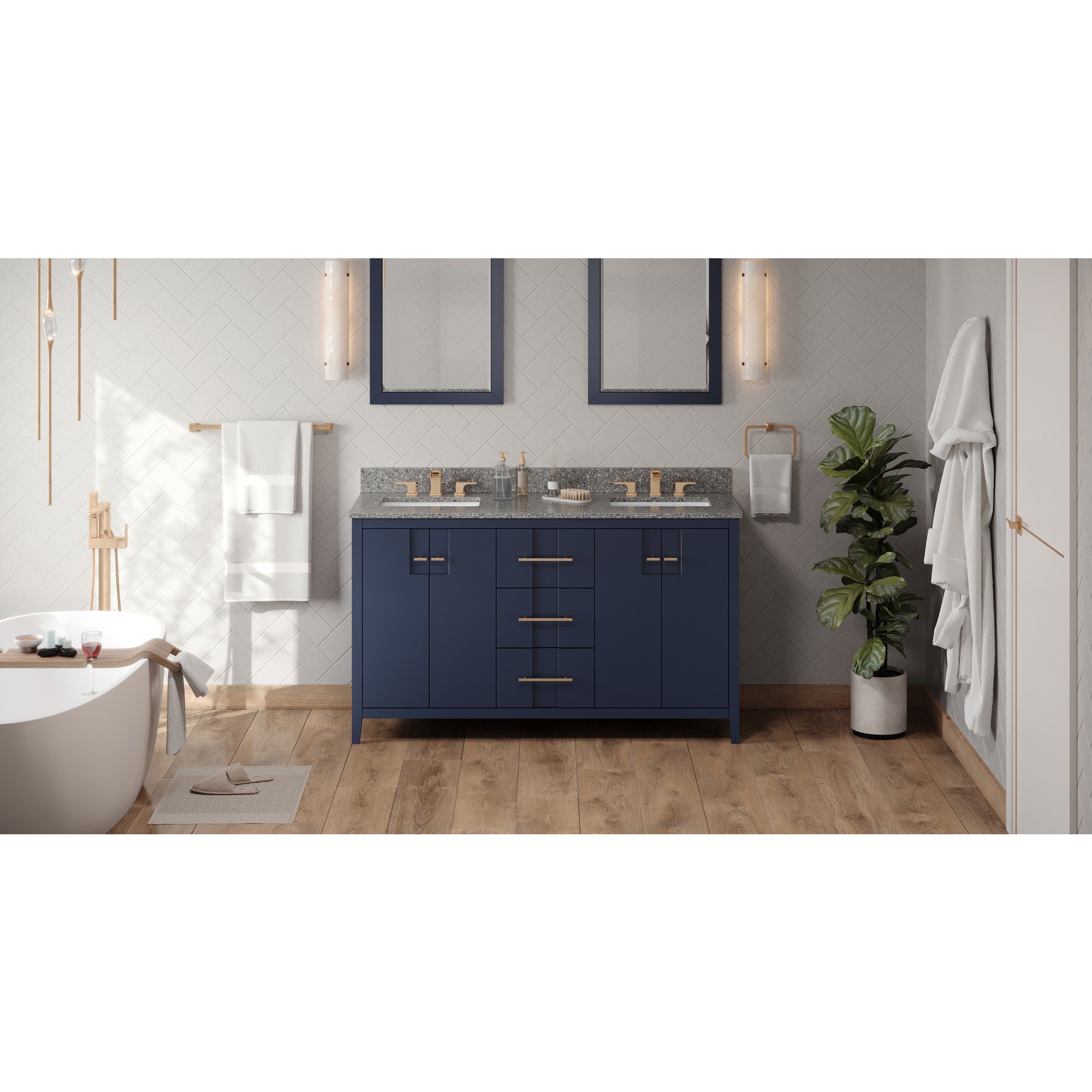 60" Hale Blue Katara Vanity, double bowl, Boulder Cultured Marble Vanity Top, two undermount rectangle bowls | KitchBath