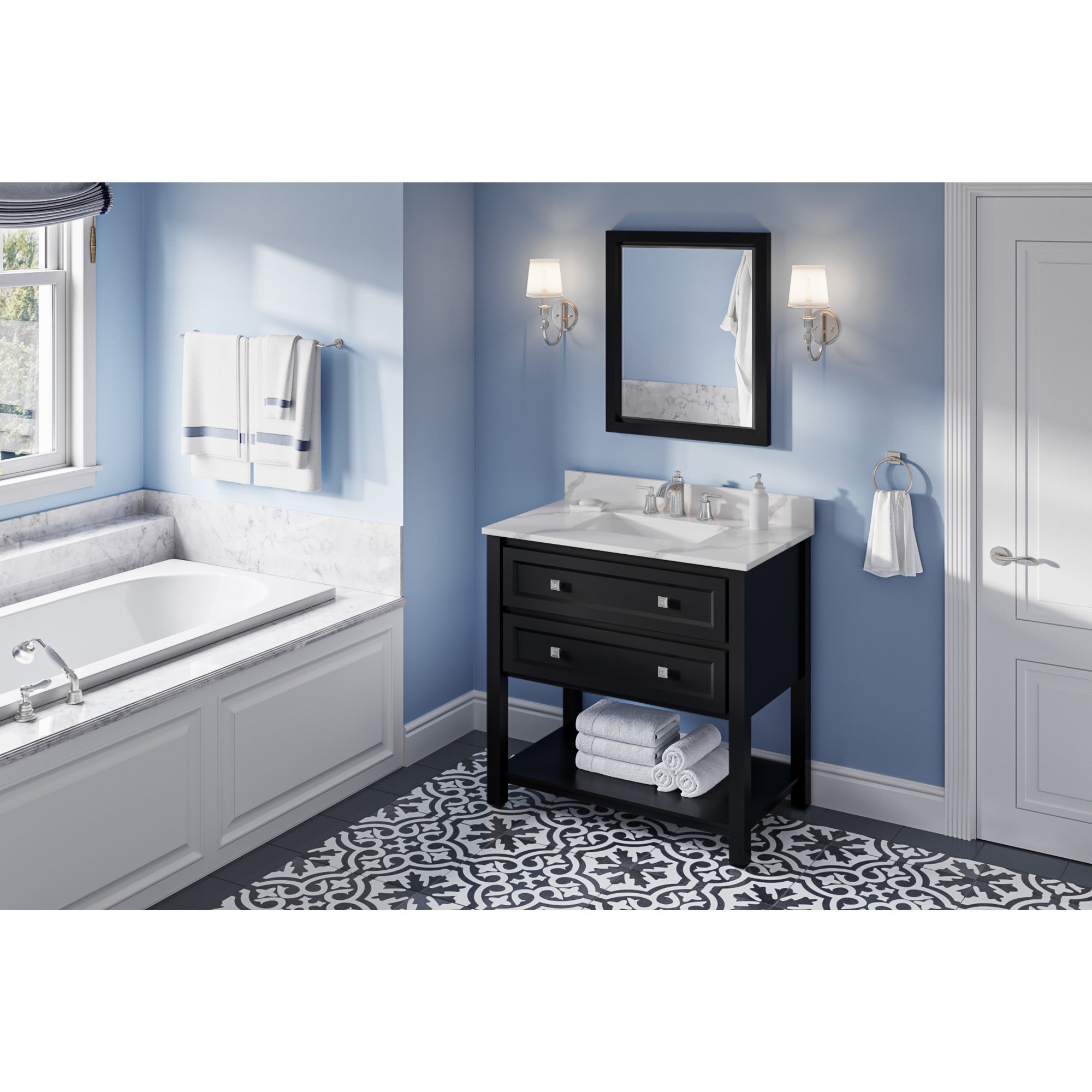 36" Black Adler Vanity, Calacatta Vienna Quartz Vanity Top, undermount rectangle bowl | KitchBath