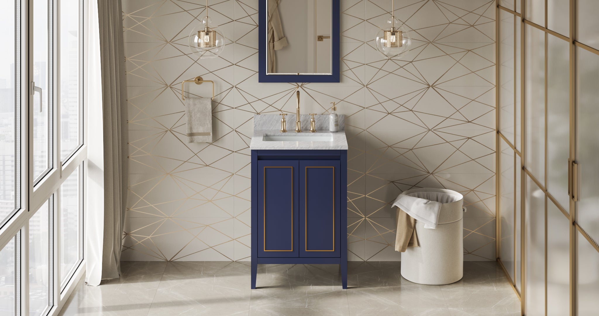 24" Hale Blue Percival Vanity, White Carrara Marble Vanity Top, undermount rectangle bowl | KitchBath
