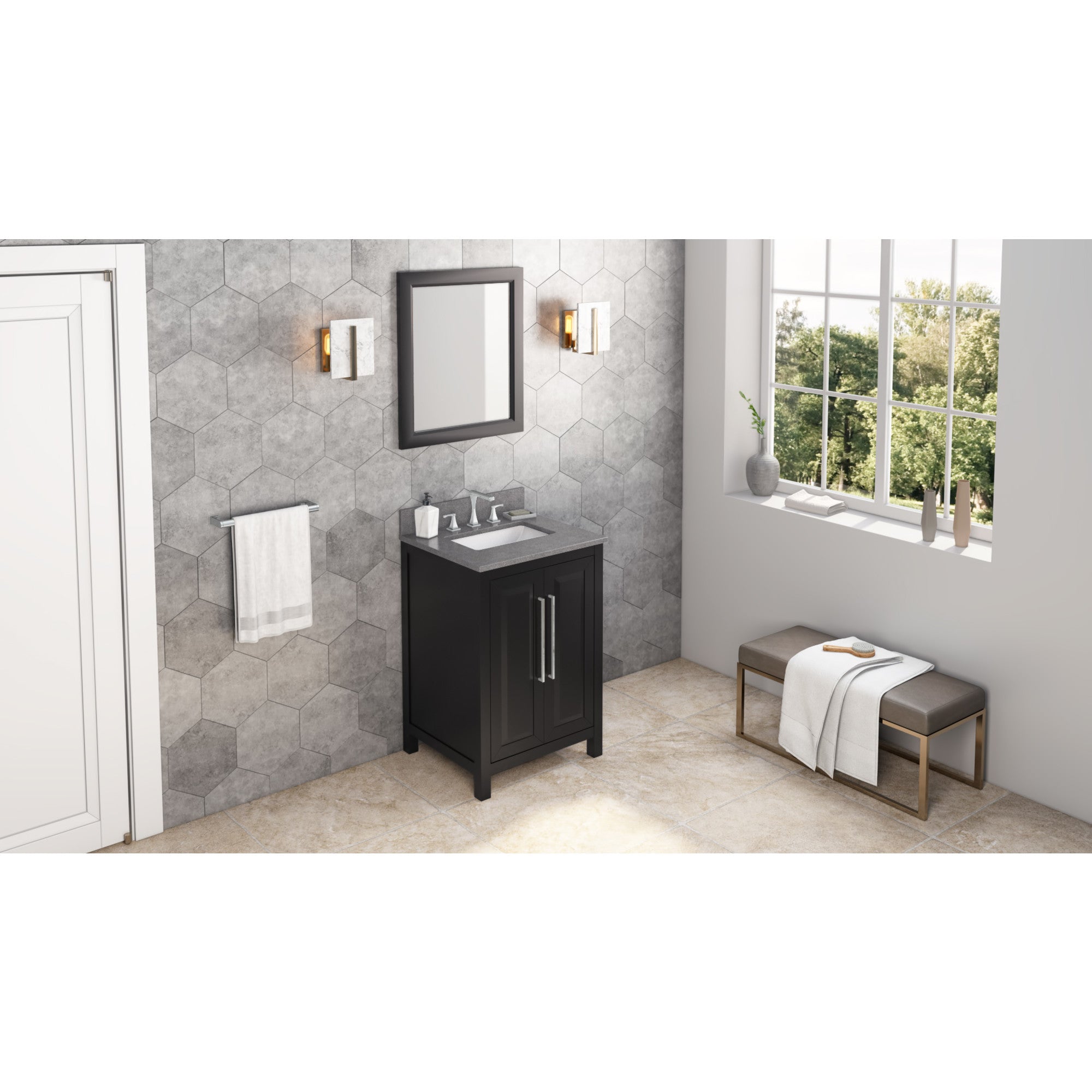 24" Black Cade Vanity, Steel Grey Cultured Marble Vanity Top, undermount rectangle bowl | KitchBath