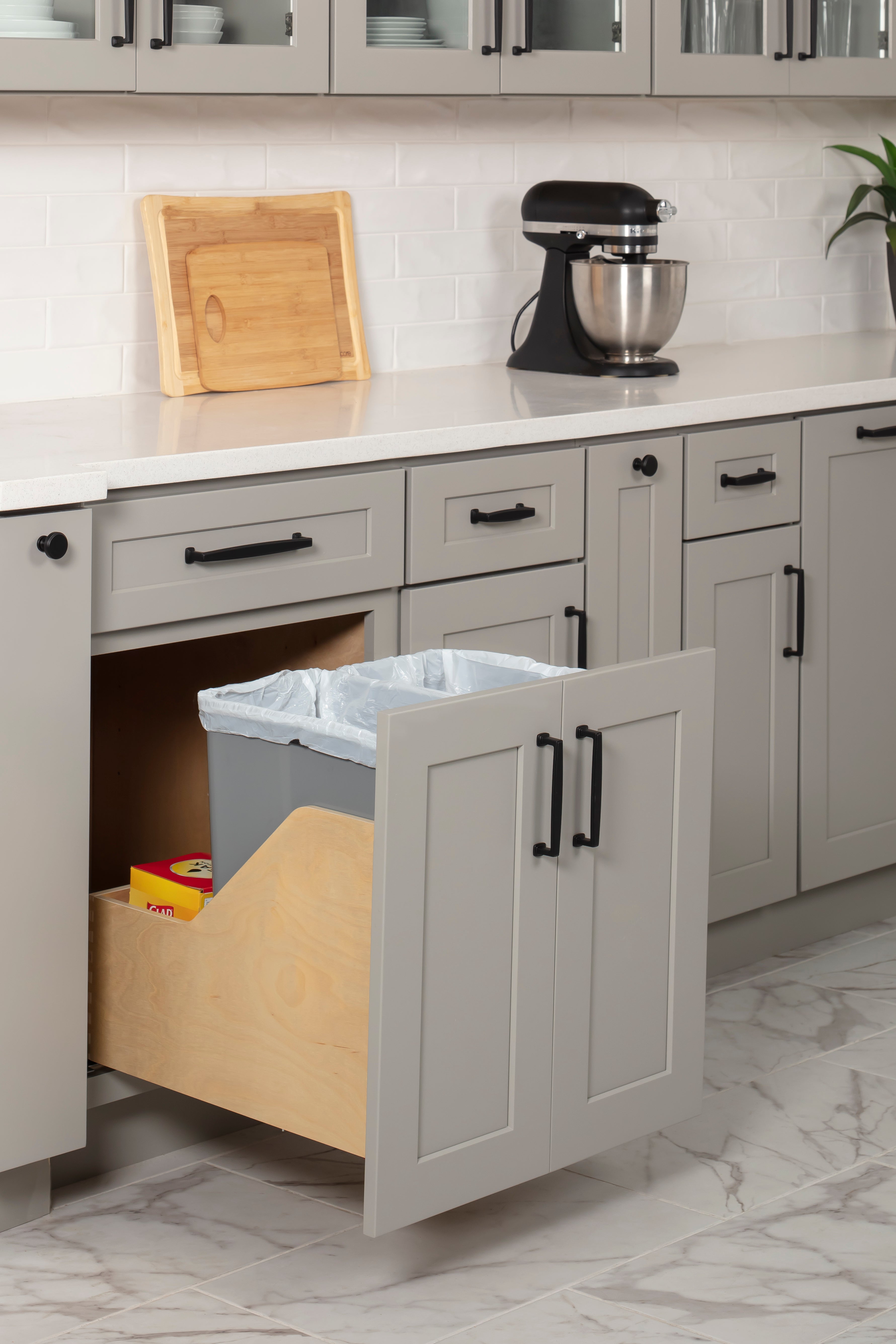 Double 35 Quart Wood Bottom-Mount Soft-close Trashcan Rollout for Door Mounting, Includes Two Grey Cans and Door Joining Bracket | KitchBath