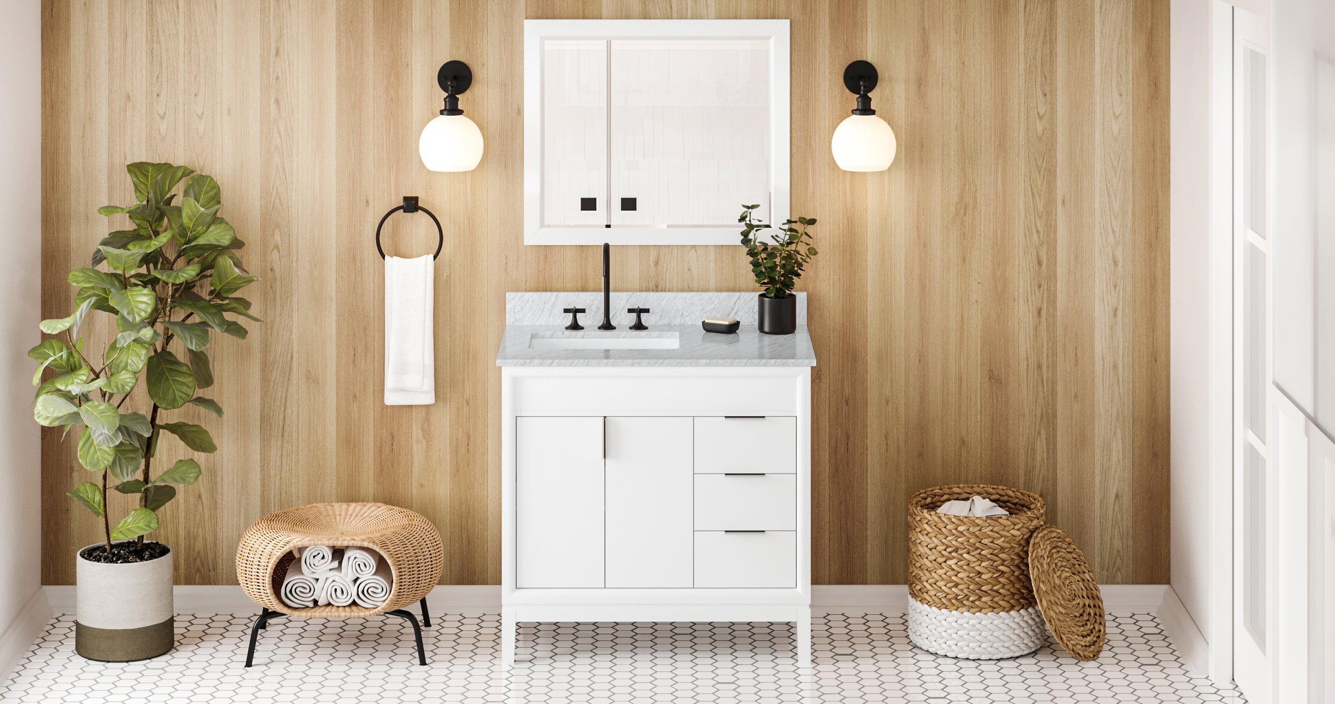 36" White Theodora Vanity, left offset, White Carrara Marble Vanity Top, undermount rectangle bowl | KitchBath