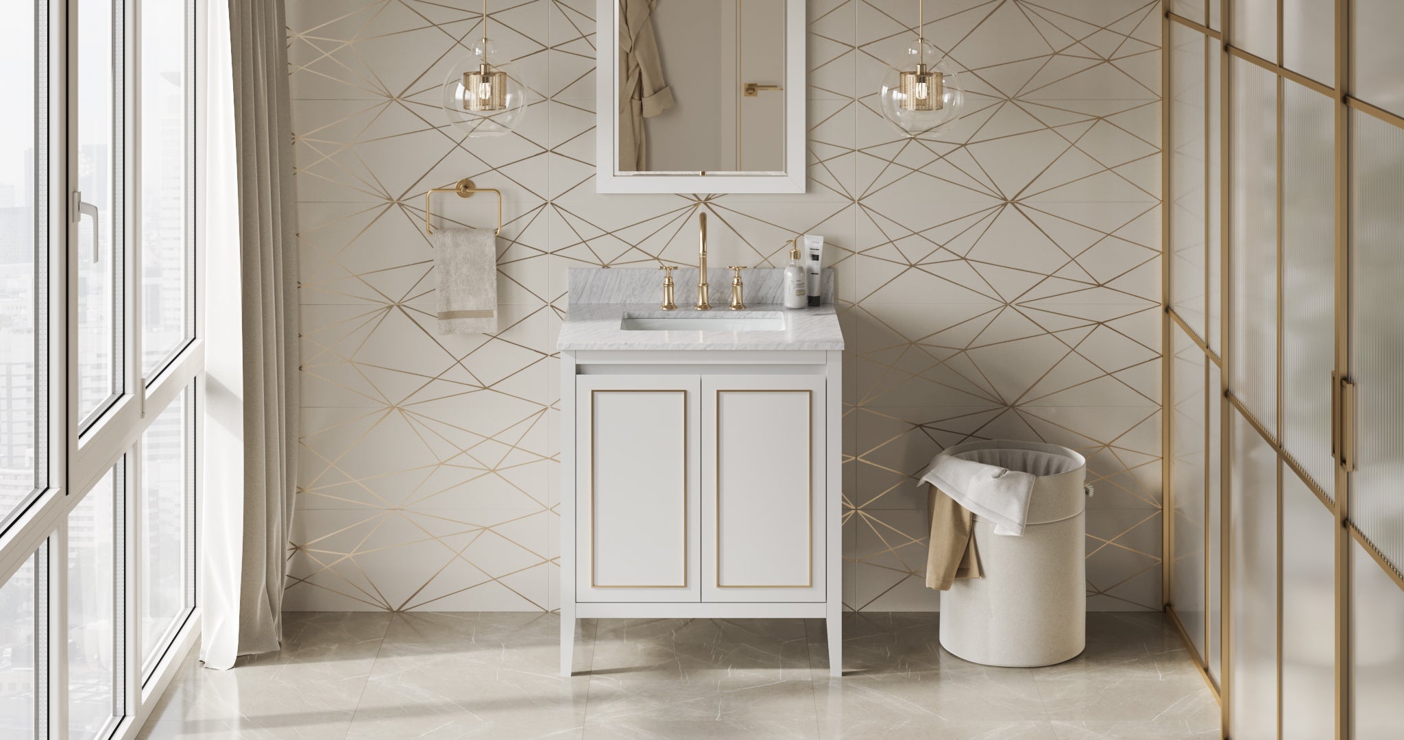 30" White Percival Vanity, White Carrara Marble Vanity Top, undermount rectangle bowl | KitchBath
