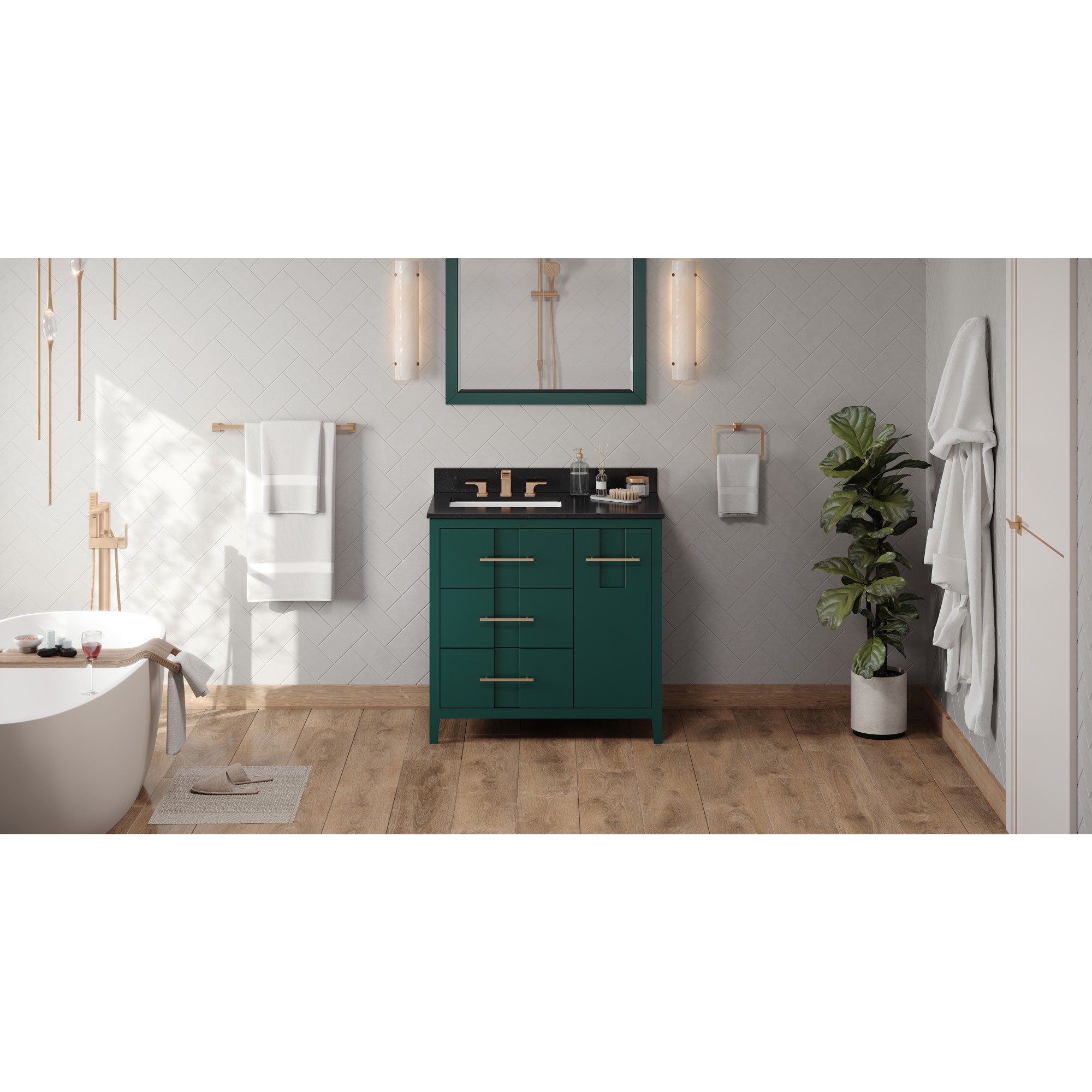 36" Forest Green Katara Vanity, left offset, Black Granite Vanity Top, undermount rectangle bowl | KitchBath