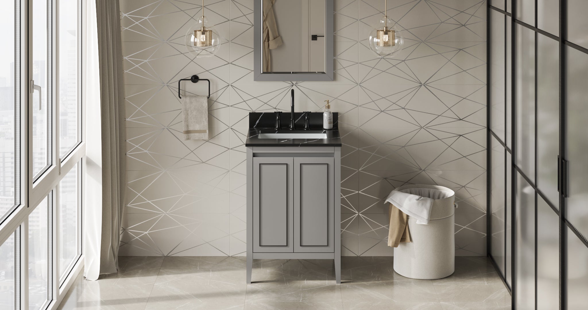 24" Grey Percival Vanity, Calacatta Vienna Quartz Vanity Top, undermount rectangle bowl | KitchBath