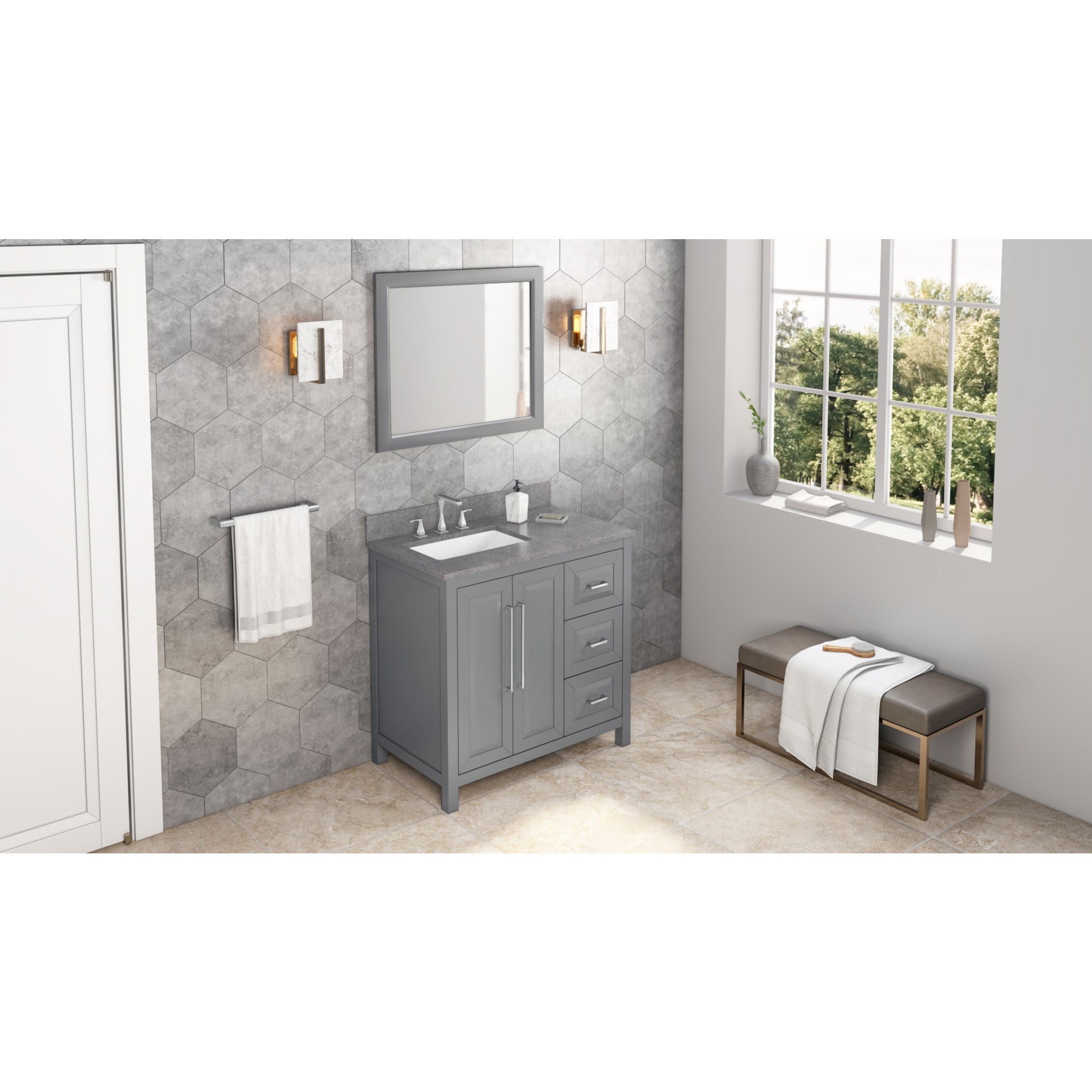 36" Grey Cade Vanity, left offset, Steel Grey Cultured Marble Vanity Top, undermount rectangle bowl | KitchBath