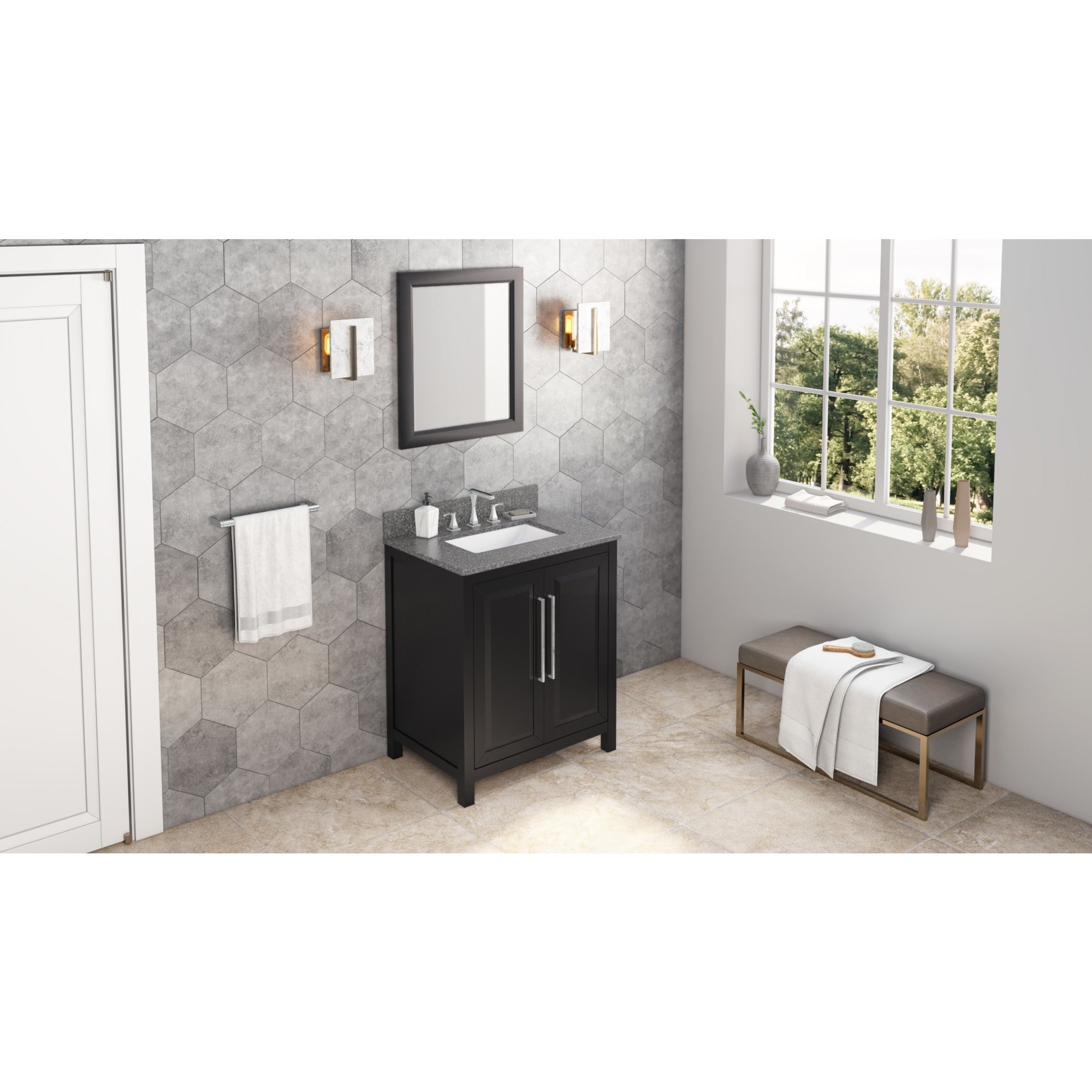 30" Black Cade Vanity, Boulder Cultured Marble Vanity Top, undermount rectangle bowl | KitchBath