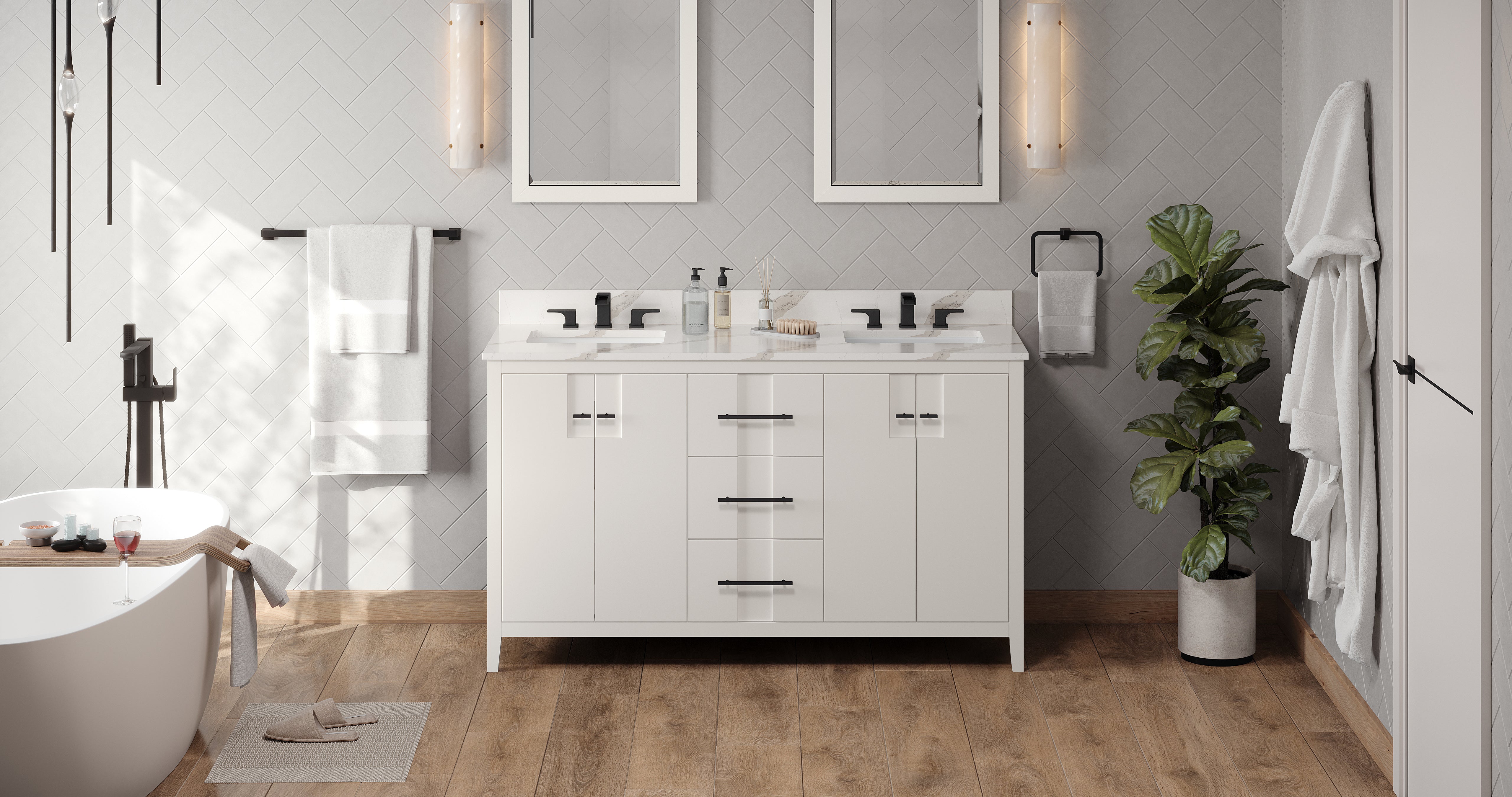 60" White Katara Vanity, double bowl, Calacatta Vienna Quartz Vanity Top, two undermount rectangle bowls | KitchBath
