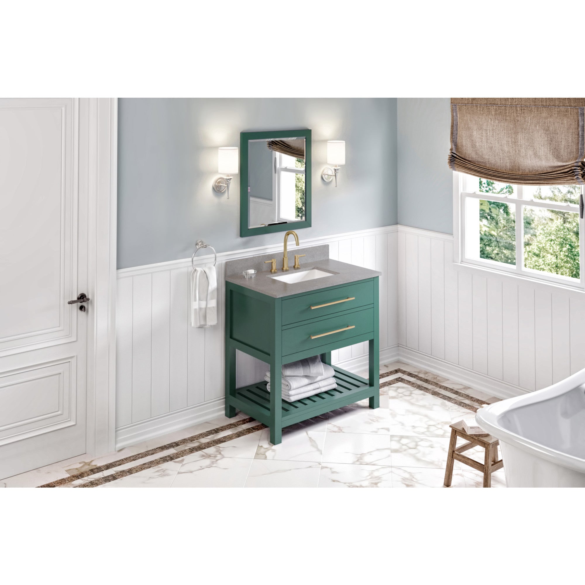 36" Forest Green Wavecrest Vanity, Steel Grey Cultured Marble Vanity Top, undermount rectangle bowl | KitchBath