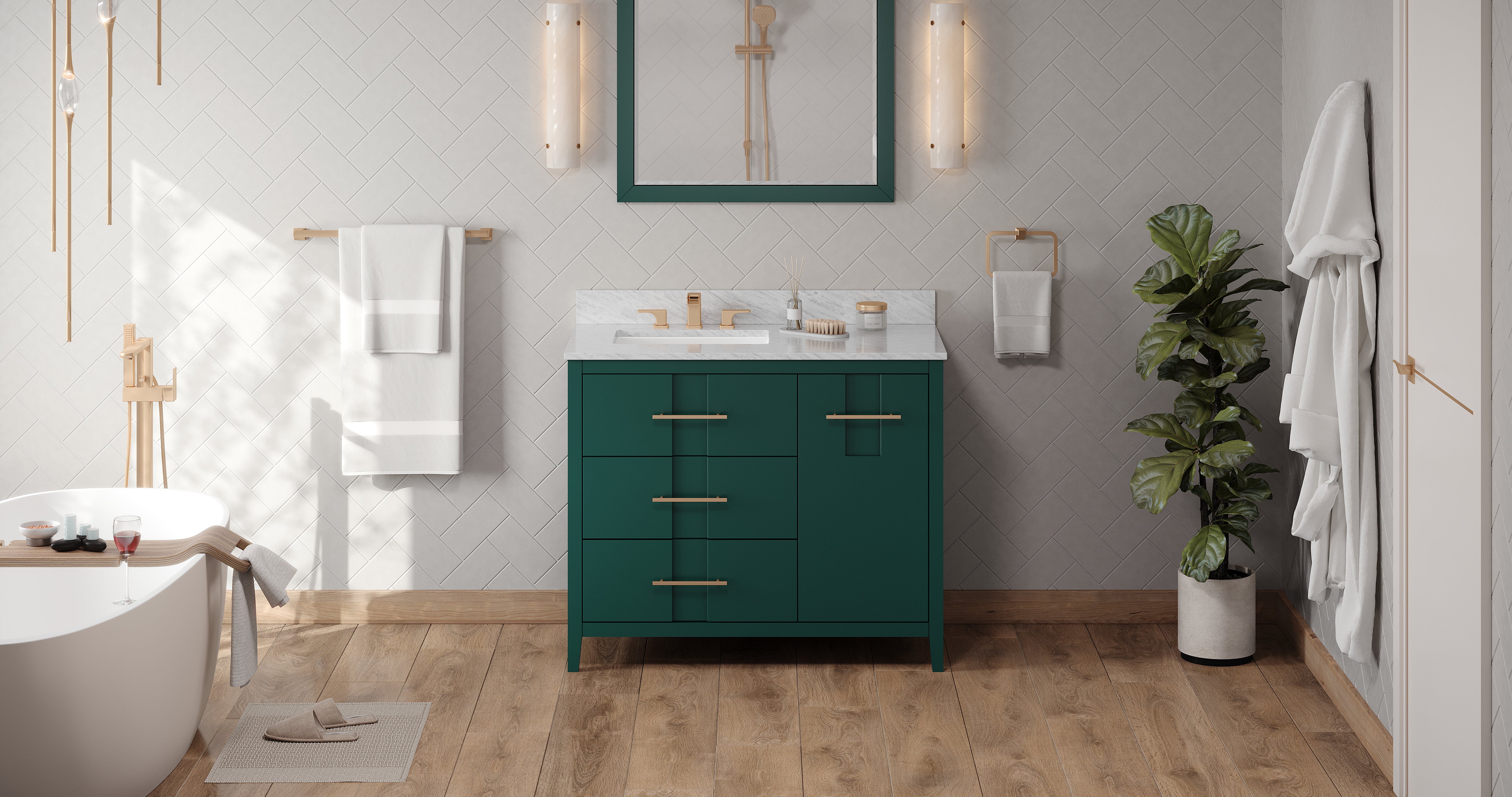 42" Forest Green Katara Vanity, left offset, White Carrara Marble Vanity Top, undermount rectangle bowl | KitchBath