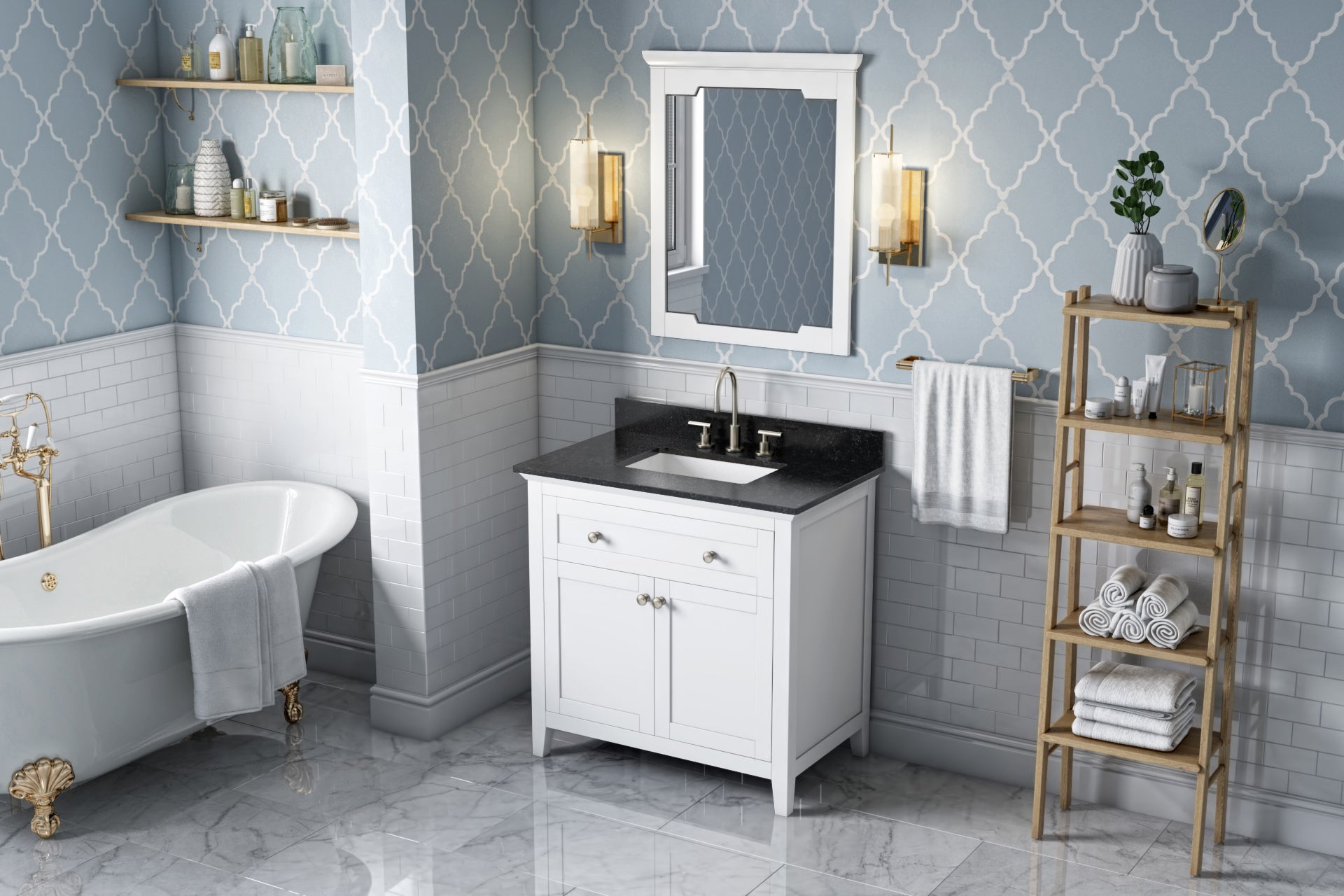 36" White Chatham Vanity, Black Granite Vanity Top, undermount rectangle bowl