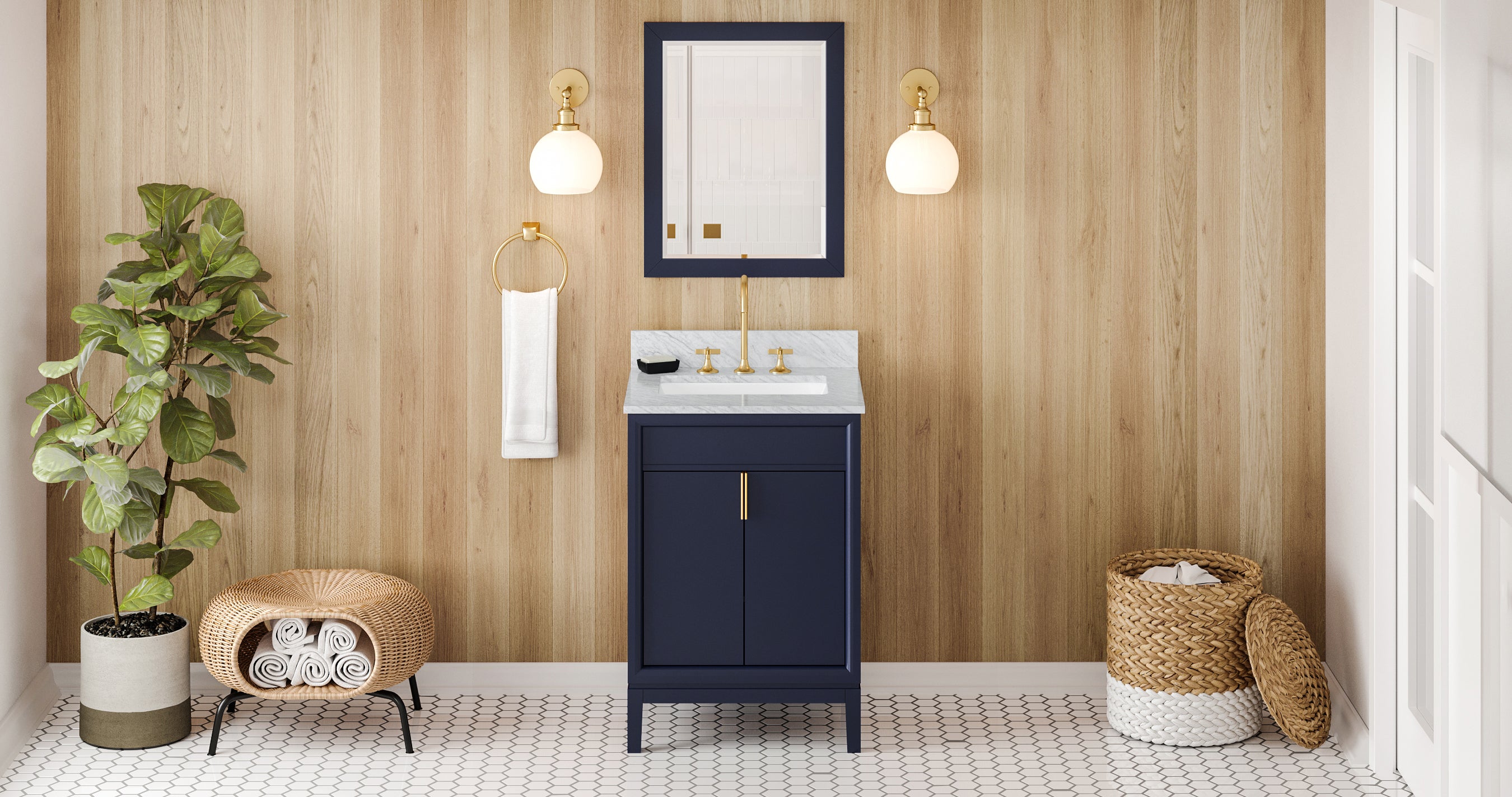 24" Hale Blue Theodora Vanity, White Carrara Marble Vanity Top, undermount rectangle bowl | KitchBath