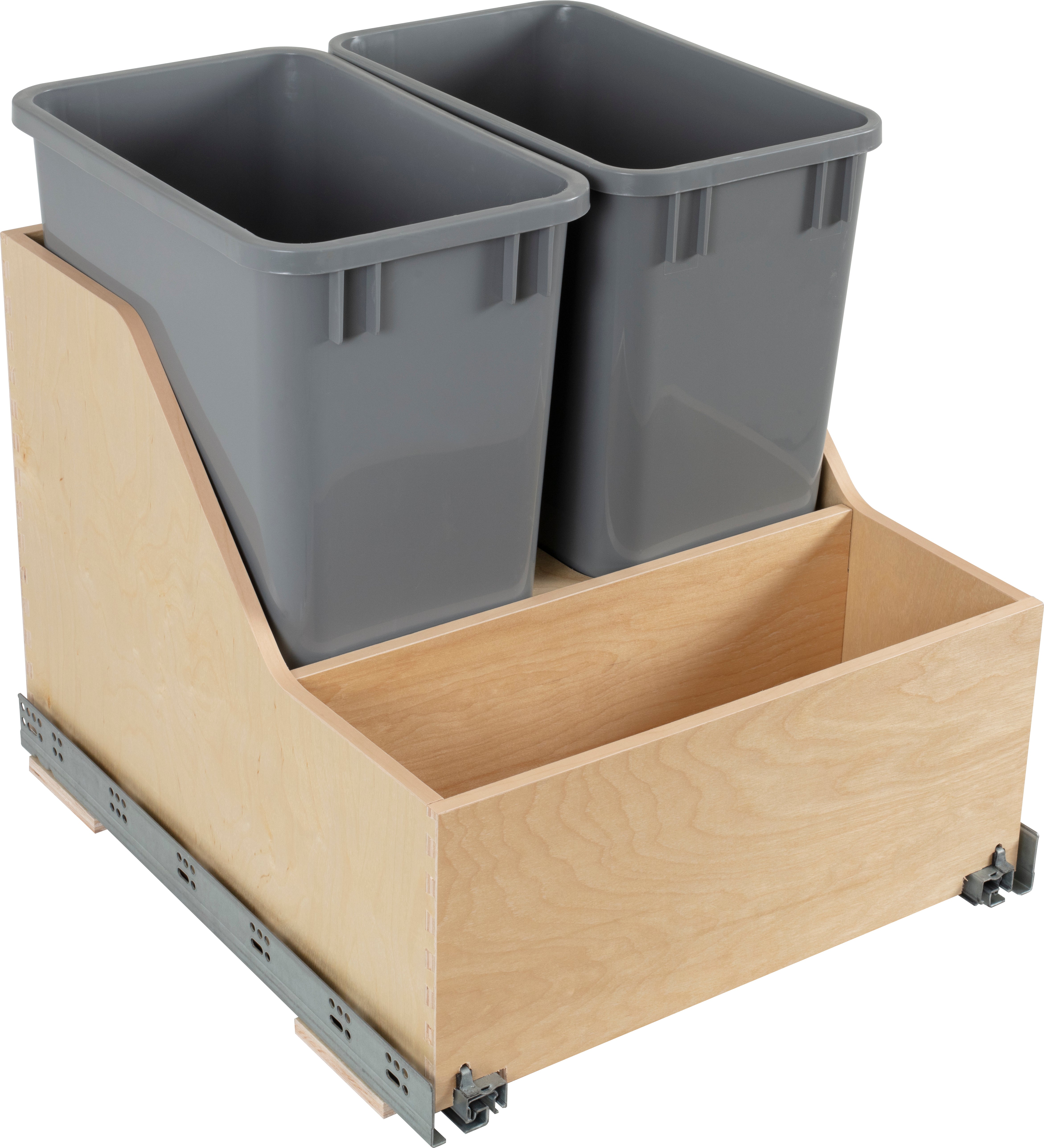 Double 35 Quart Wood Bottom-Mount Soft-close Trashcan Rollout for Door Mounting, Includes Two Grey Cans and Door Joining Bracket | KitchBath