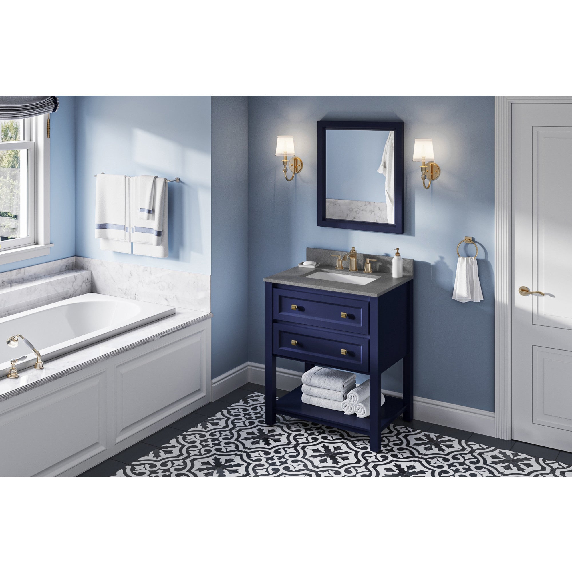 30" Hale Blue Adler Vanity, Steel Grey Cultured Marble Vanity Top, undermount rectangle bowl | KitchBath