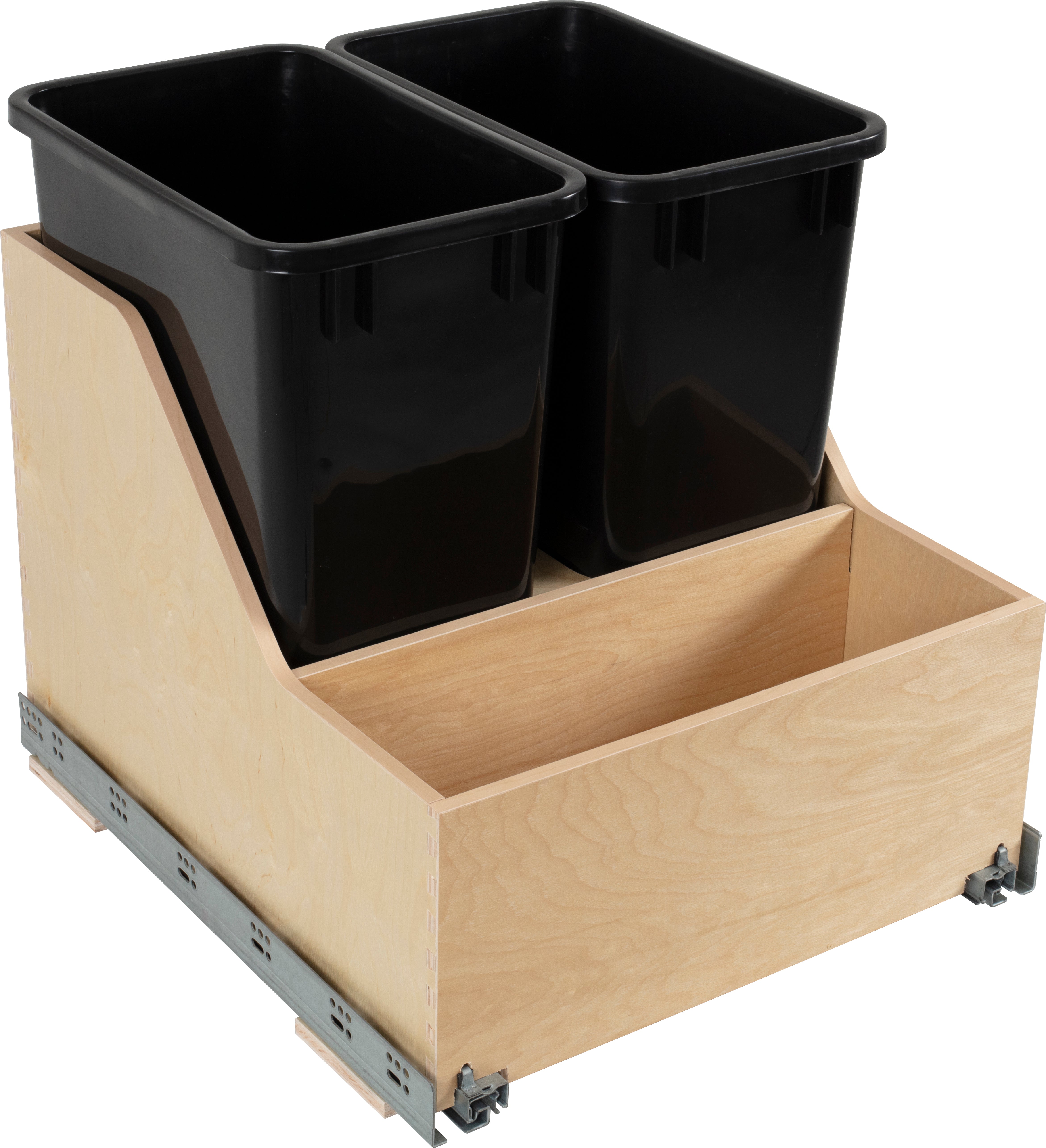 Double 35 Quart Wood Bottom-Mount Soft-close Trashcan Rollout for Door Mounting, Includes Two Black Cans and Door Joining Bracket | KitchBath