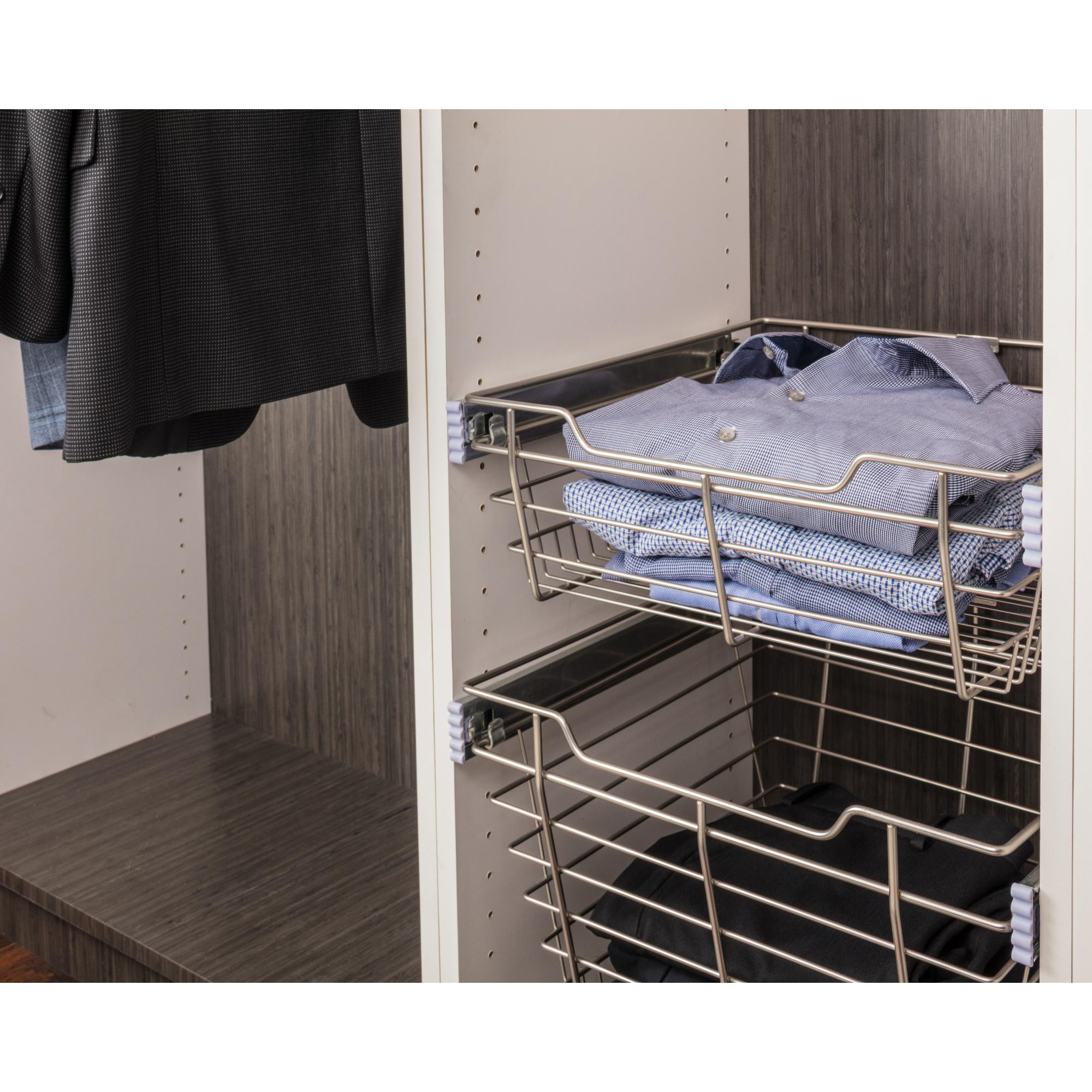 Satin Nickel Closet Pullout Basket with Slides 16"D x 17"W x 6"H | KitchBath